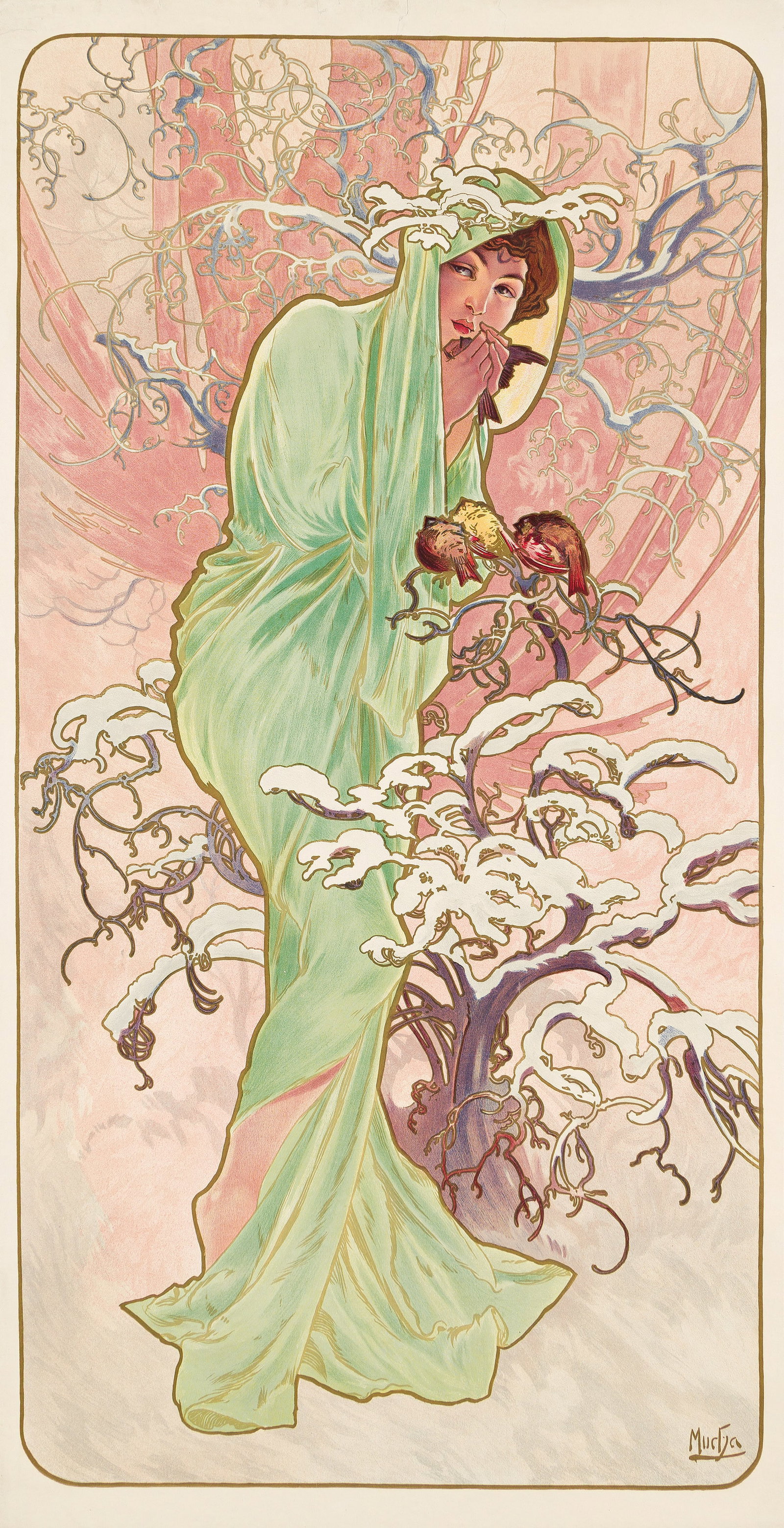 Alphonse Mucha, [Winter / The Seasons]. Decorative panel. 1896.: Alphonse Mucha 1860-1939 [Winter / The Seasons]. Decorative panel. 1896. Condition A-: repaired tears in top margin; expertly-replaced losses at upper left and right edges. In 1896, The Seasons were M