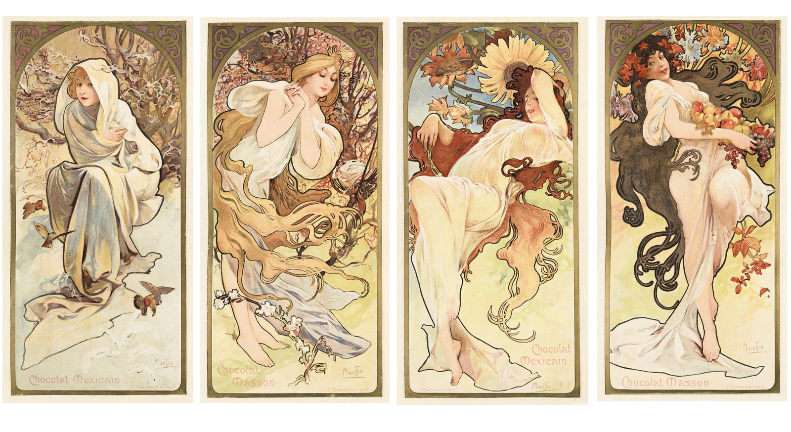 Alphonse Mucha, [The Seasons / Chocolat Masson & Mexicain]. Group of small format posters. 1896. (1 of 5)