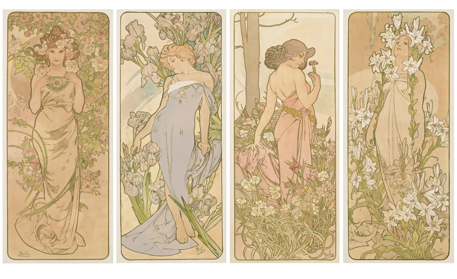 Alphonse Mucha, [The Flowers]. Group of 4 decorative panels. 1898. (1 of 5)
