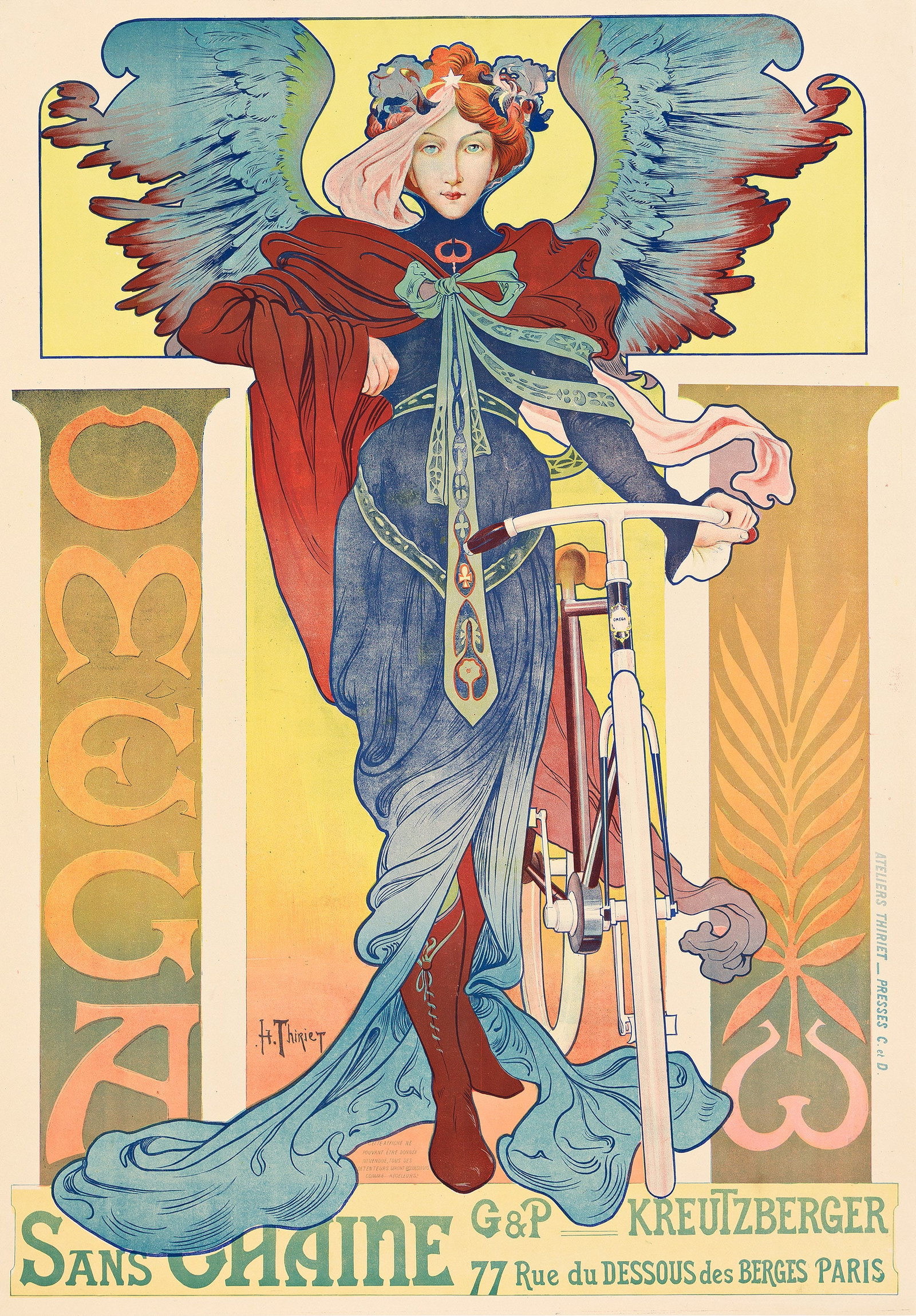 Henri Thiriet, Omega Sans Chaine. 1897.: Henri Thiriet 1866-1897 Omega Sans Chaine. 1897. Condition A. "This is yet another example of the Art Nouveau poster at its stylized best. The composition has been meticulously—almost geometrica