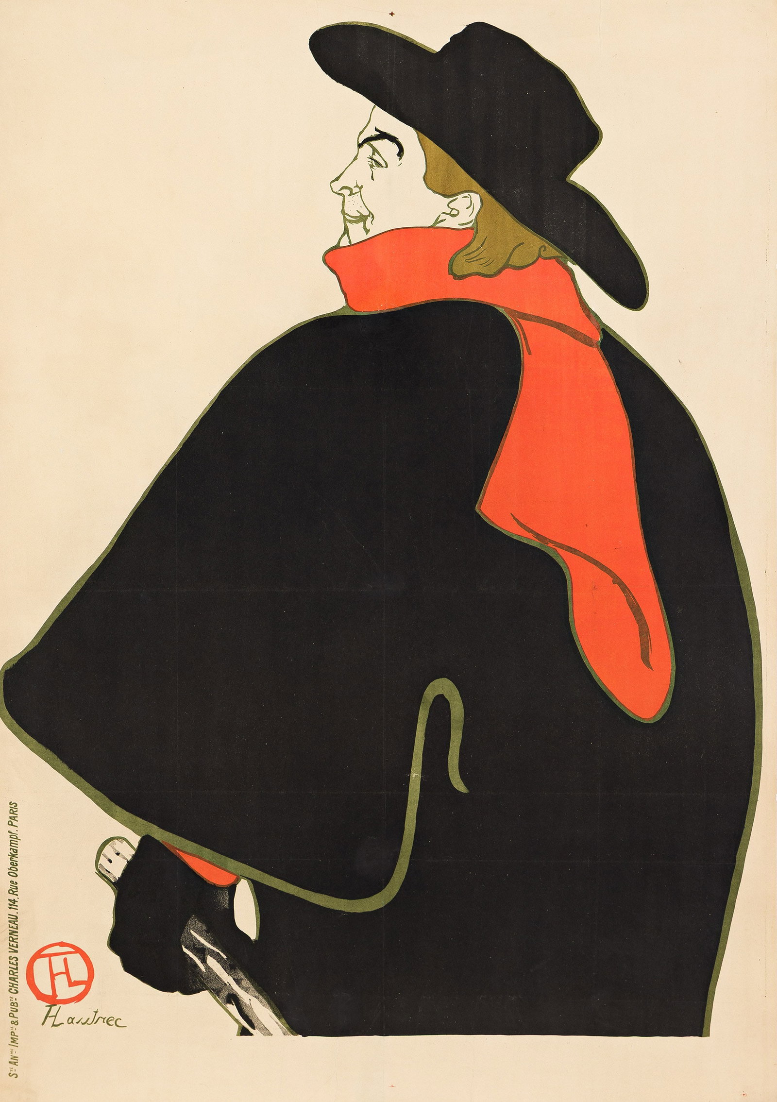 Henri de Toulouse-Lautrec, [Aristide Bruant dans son Cabaret]. 1893.: Henri de Toulouse-Lautrec 1864-1901 [Aristide Bruant dans son Cabaret]. 1893. Condition B+: repaired tears at edges, some into image; replaced losses and restoration along vertical and horizontal fold