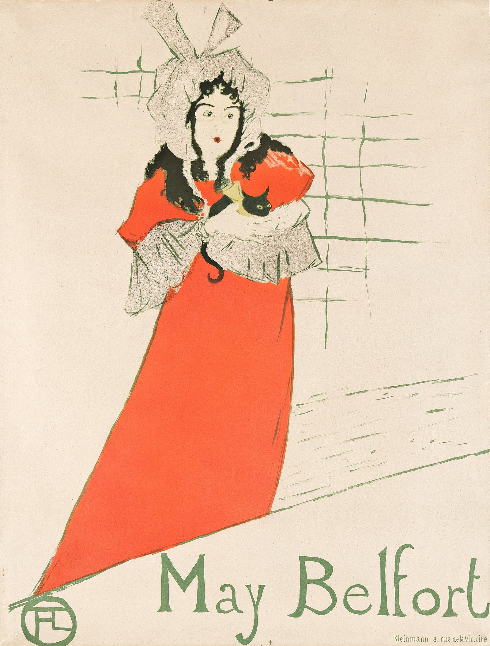 Henri de Toulouse-Lautrec, May Belfort. 1895.: Henri de Toulouse-Lautrec 1864-1901 May Belfort. 1895. Condition B+: expertly-repaired tears at edges, one slightly into upper image; minor replaced losses and creases at edges. Matted and framed. May
