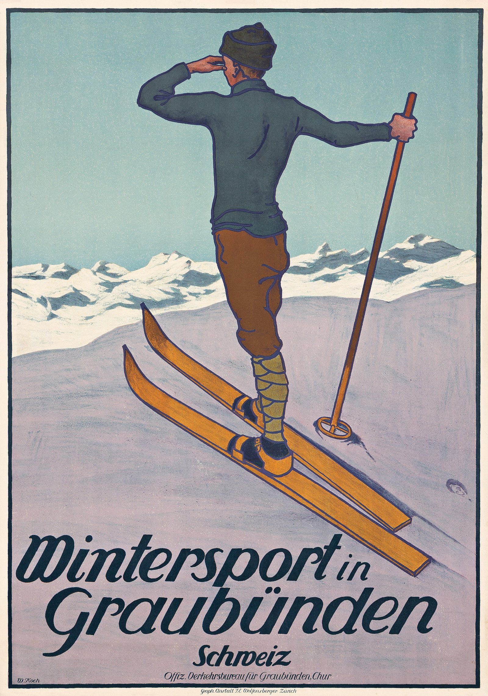 Walter Koch, Wintersport in Graubünden. 1907.: Walter Koch 1875-1915 Wintersport in Graubünden. 1907. Condition B+: repaired tears at edges, some slightly into image; overpainting at top edge; minor creases in margins and image; repaired pin 