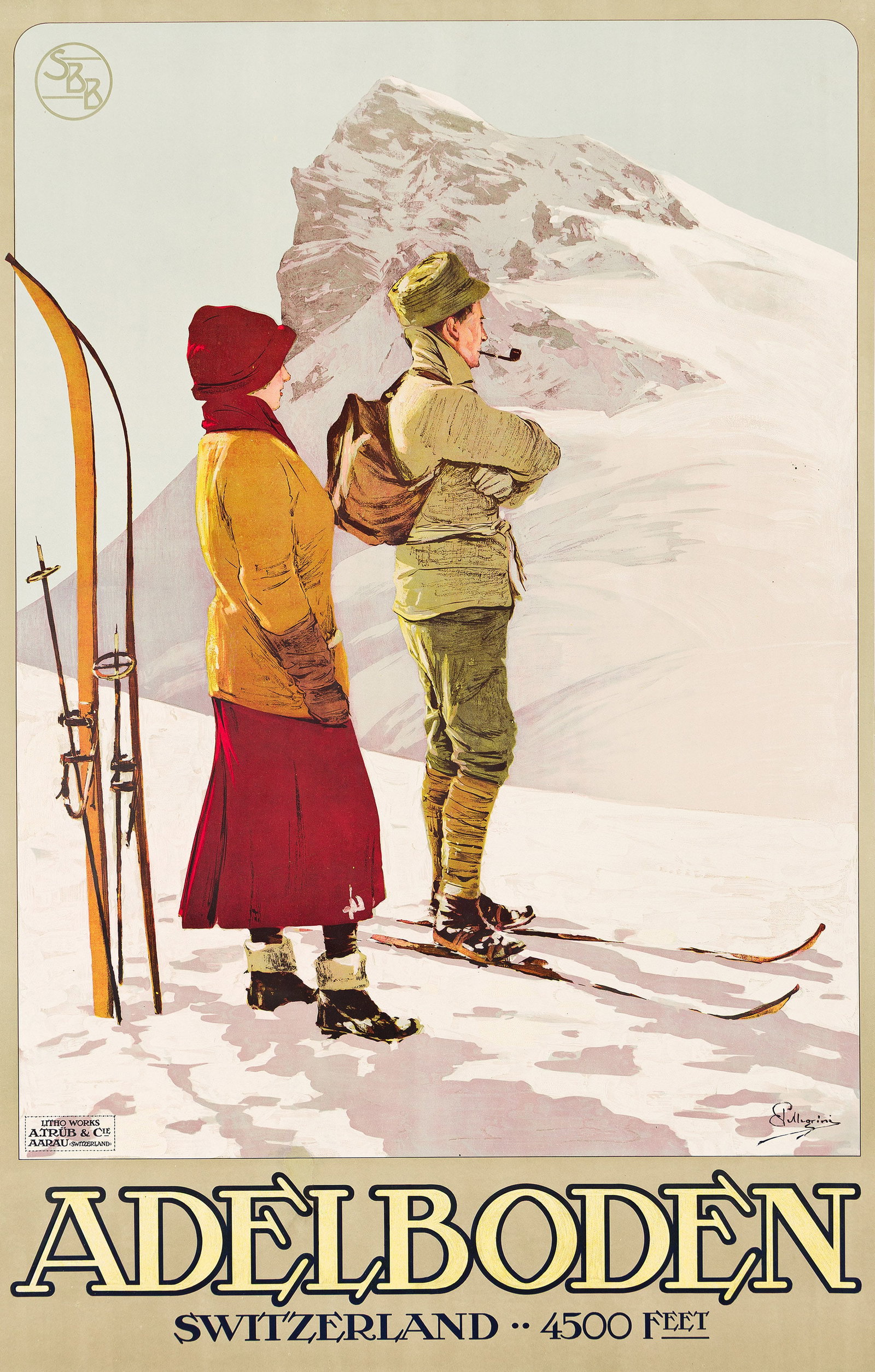 Carlo Pellegrini, Adelboden Switzerland. Circa 1910.: Carlo Pellegrini 1866-1937 Adelboden Switzerland. Circa 1910. Condition A: small repaired pin holes at top corners at top edge. "The Italian-born Carlo Pellegrini was known as a talented painter in oi