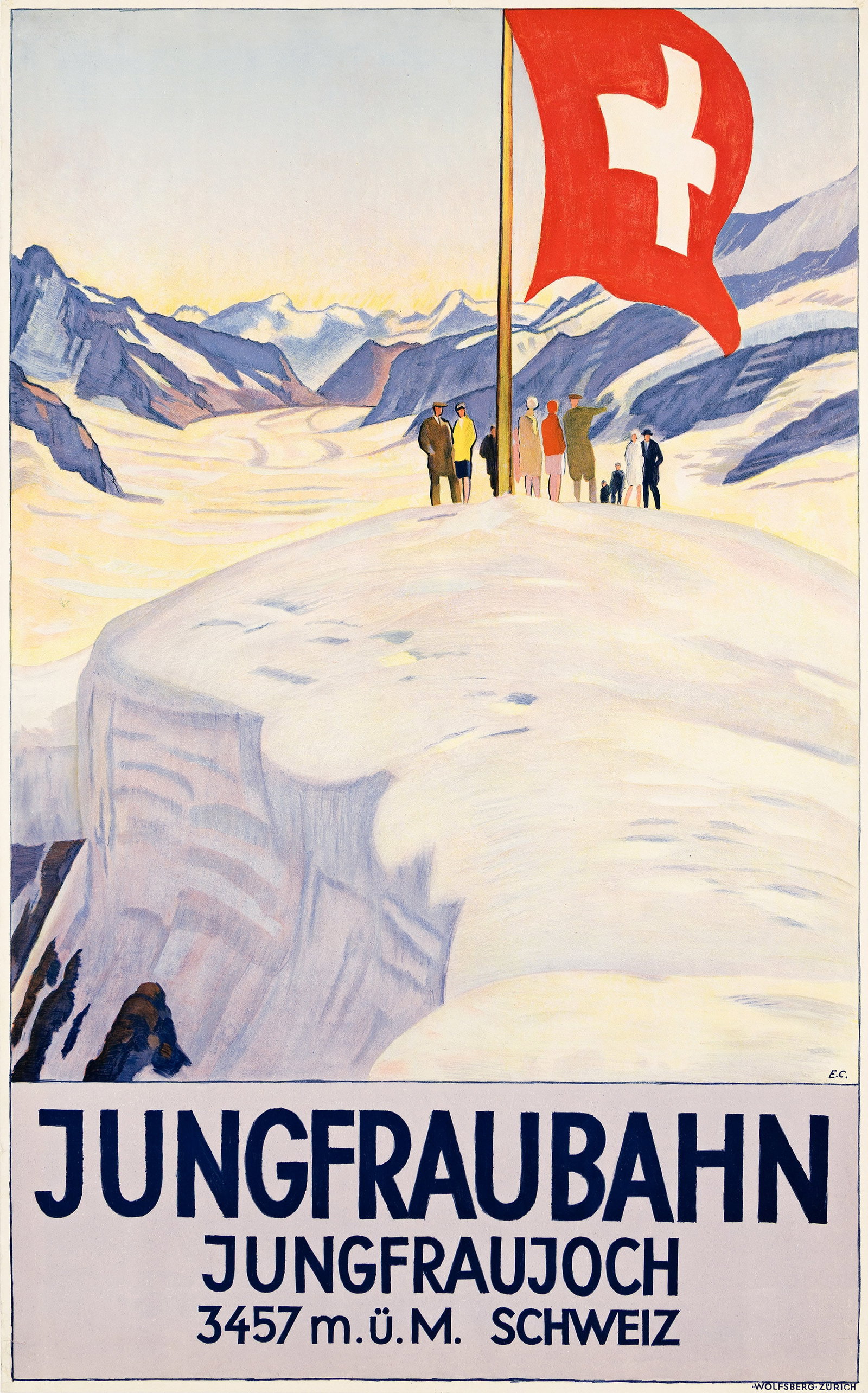 Emil Cardinaux, Jungfraubahn Jungfraujoch. 1928.: Emil Cardinaux 1877-1936 Jungfraubahn Jungfraujoch. 1928. Condition A-: small repaired tears and creases in margins; small replaced losses and repaired pin holes in corners. Construction of the Jungfr