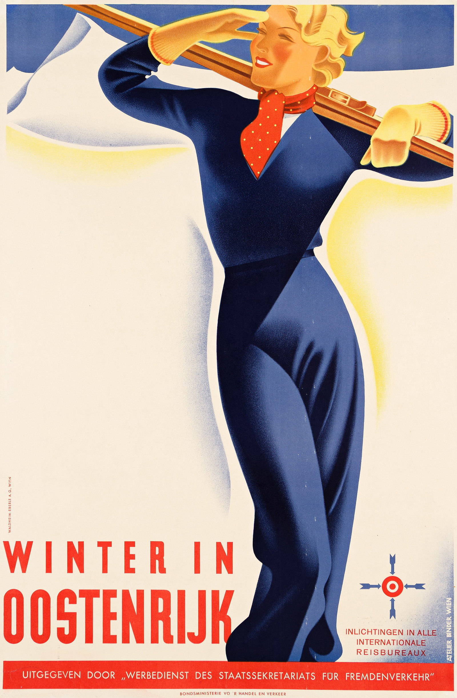 Joseph Binder, Winter in Oostenrijk. Circa 1930.: Joseph Binder 1898-1972 Winter in Oostenrijk. Circa 1930. Condition B+: repaired tears at edges, some into image; minor abrasions in image; repaired pin holes in corners. Binder's extraordinary sense 