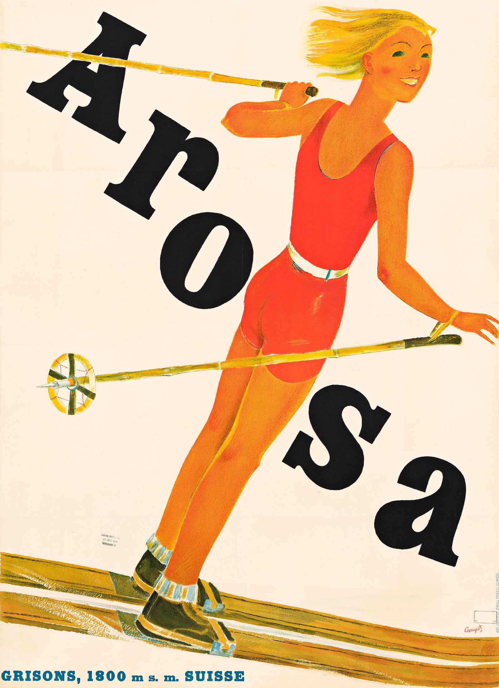 Alois Carigiet, Arosa. 1931.: Alois Carigiet 1902-1985 Arosa. 1931. Condition B+: time-staining in background; repaired tears, repaired pin holes and minor overpainting at edges; creases along horizontal folds; ink stamp in lower 