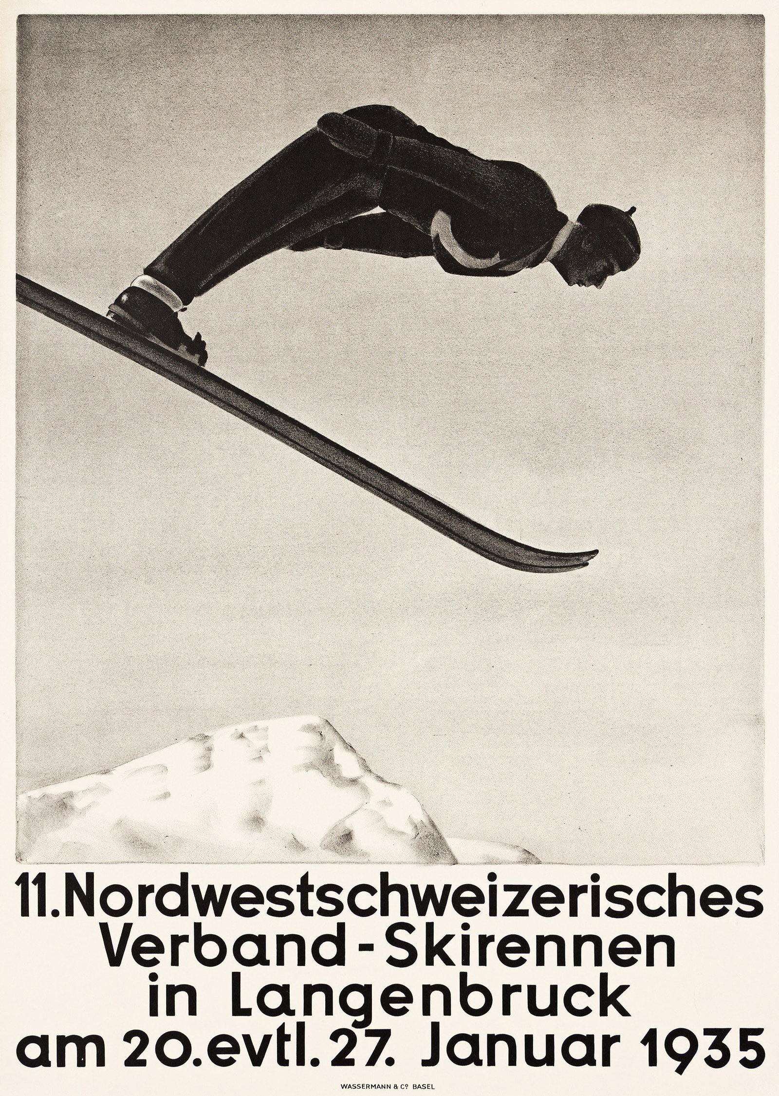 Designer Unknown, Nordwestschweizerisches Verband - Skirennen. 1935.: Designer Unknown Nordwestschweizerisches Verband - Skirennen. 1935. Condition A. A dramatic black and white image for the 11th Northwest Swiss Association Ski Race in Langenbruck. In January 1935, the