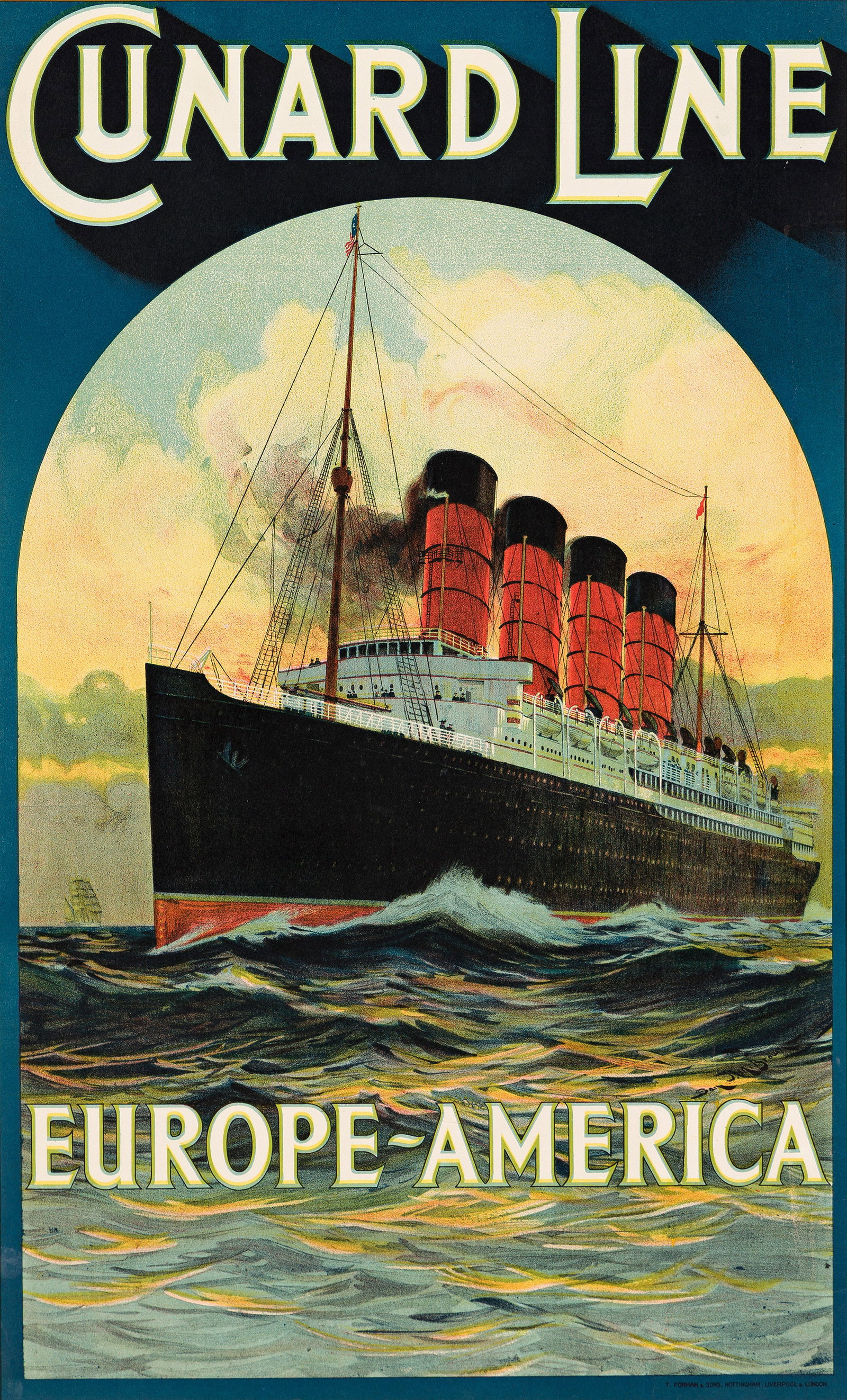 Samuel John Milton Brown, Cunard Line / Europe - America [Lusitania / Mauretania]. Circa 1907.: Samuel John Milton Brown 1873-1965 Cunard Line / Europe - America [Lusitania / Mauretania]. Circa 1907. Condition B+ / B: expertly repaired tear vertically through right image; repaired tears at edges