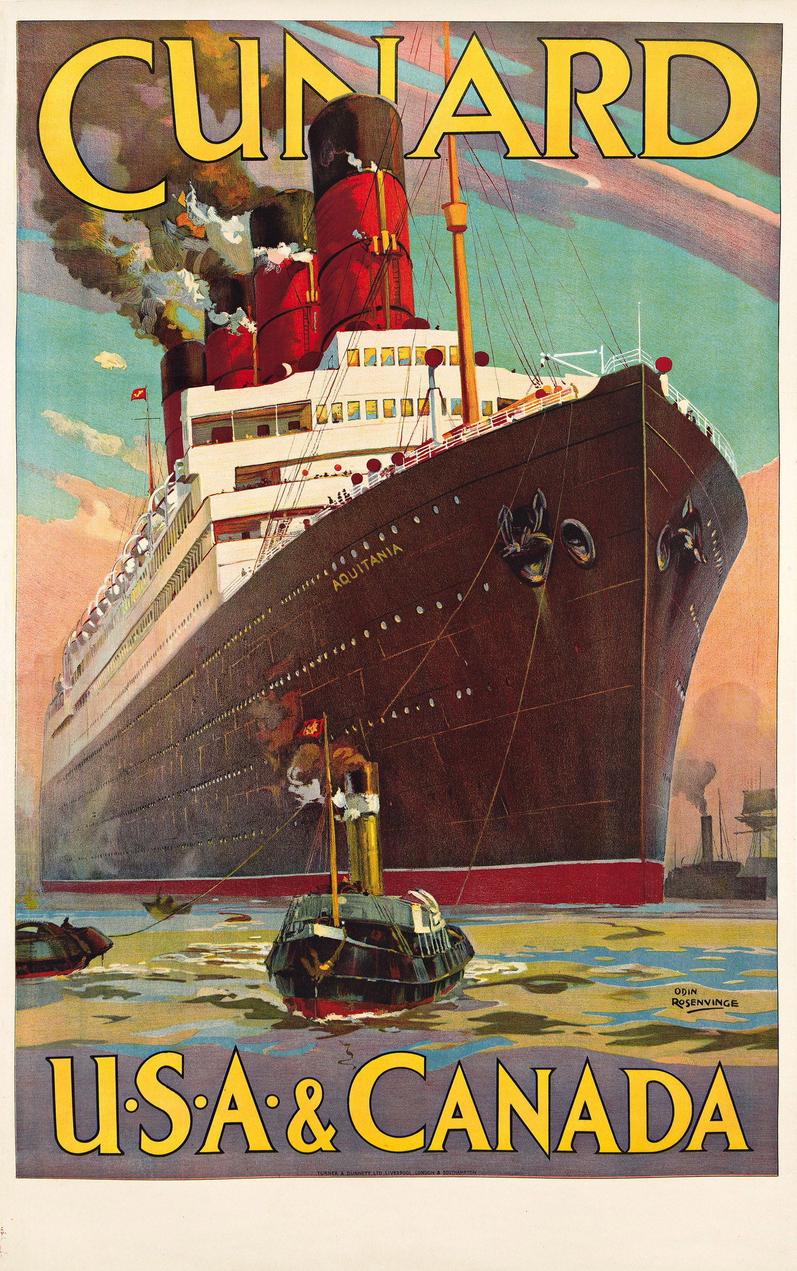 Odin Rosenvinge, Cunard USA & Canada [Aquitania]. Circa 1914.: Odin Rosenvinge 1880-1957 Cunard USA & Canada [Aquitania]. Circa 1914. Condition B+: replaced losses and repaired tears in margins; minor creases in image. The Aquitania was the last of the four-f