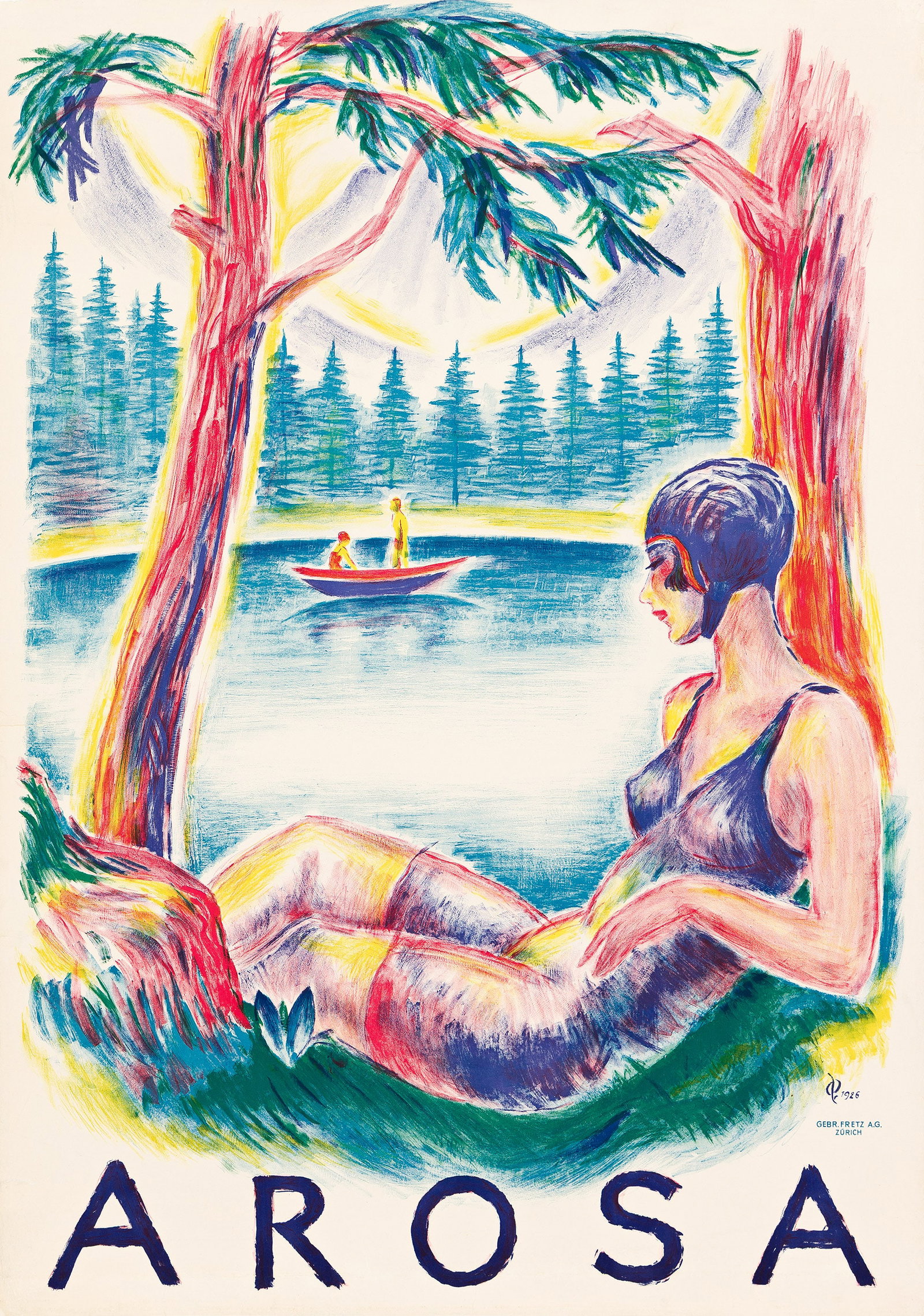 Hugo Laubi, Arosa. 1926.: Hugo Laubi 1888-1959 Arosa. 1926. Condition B+: repaired tears and small replaced losses in margins; minor creases in image. 50½x35½ inches, 128¼x90¼ cm. Gebr Fretz, Zurich. Addi