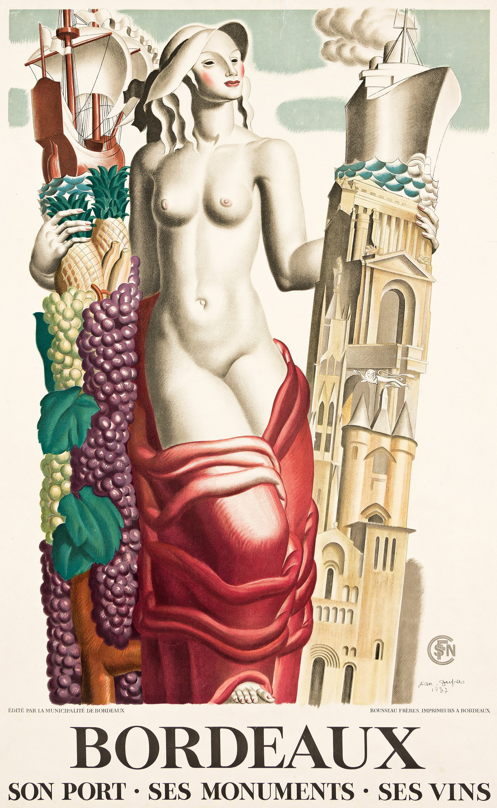 Jean Dupas, Bordeaux. 1937.: Jean Dupas 1882-1964 Bordeaux. 1937. Condition B+: repaired tears at edges, one slightly into upper image; minor creases and restoration in margins. Dupas was trained as an academic painter and became