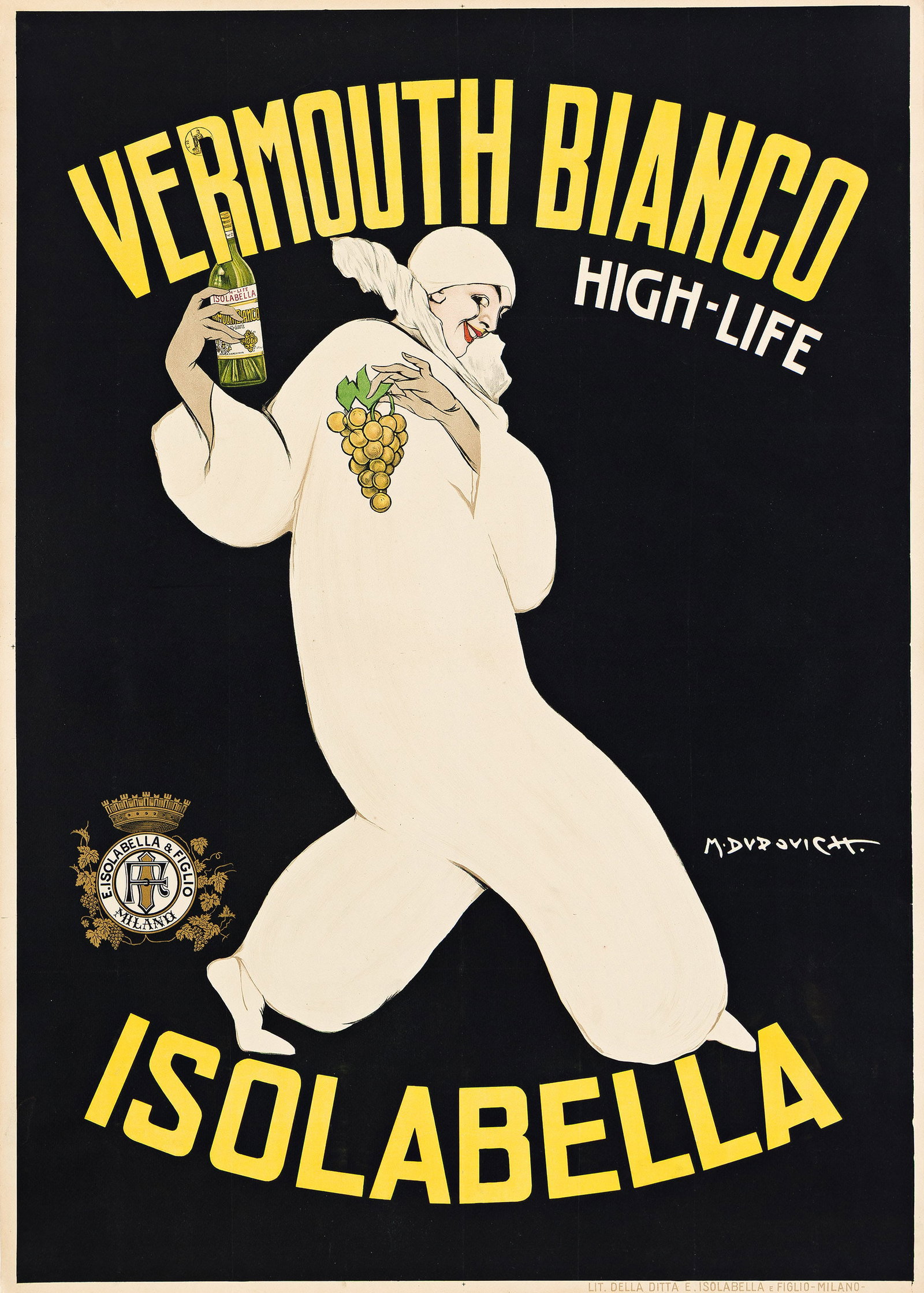 Marcello Dudovich, Vermouth Bianco Isolabella. Circa 1920.: Marcello Dudovich 1878-1962 Vermouth Bianco Isolabella. Circa 1920. Condition A-: minor repaired tears at edges and along vertical and horizontal folds; small replaced losses at top right and bottom l