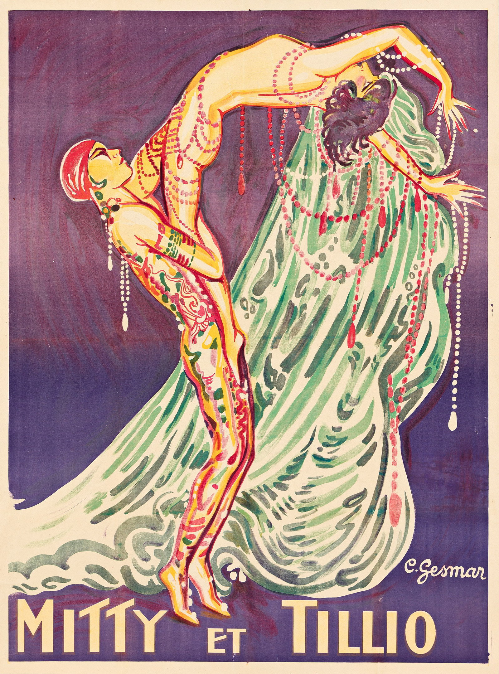 Charles Gesmar, Mitty & Tillio. 1925.: Charles Gesmar 1900-1928 Mitty et Tillio. 1925. Condition B+: replaced losses, creases and overpainting along vertical and horizontal folds; restoration over creases and abrasions in image.Germaine Mi