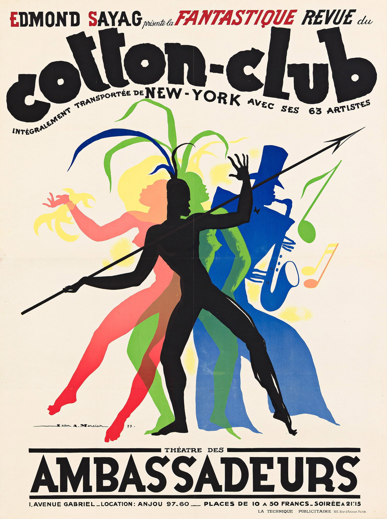 Jean Adrien Mercier, Cotton - Club / Théatre des Ambassadeurs. 1937.: Jean Adrien Mercier 1899-1995 Cotton - Club / Théatre des Ambassadeurs. 1937. Condition B+: repaired tears at edges; creases, abrasions and minor restoration at edges and along vertical and horiz