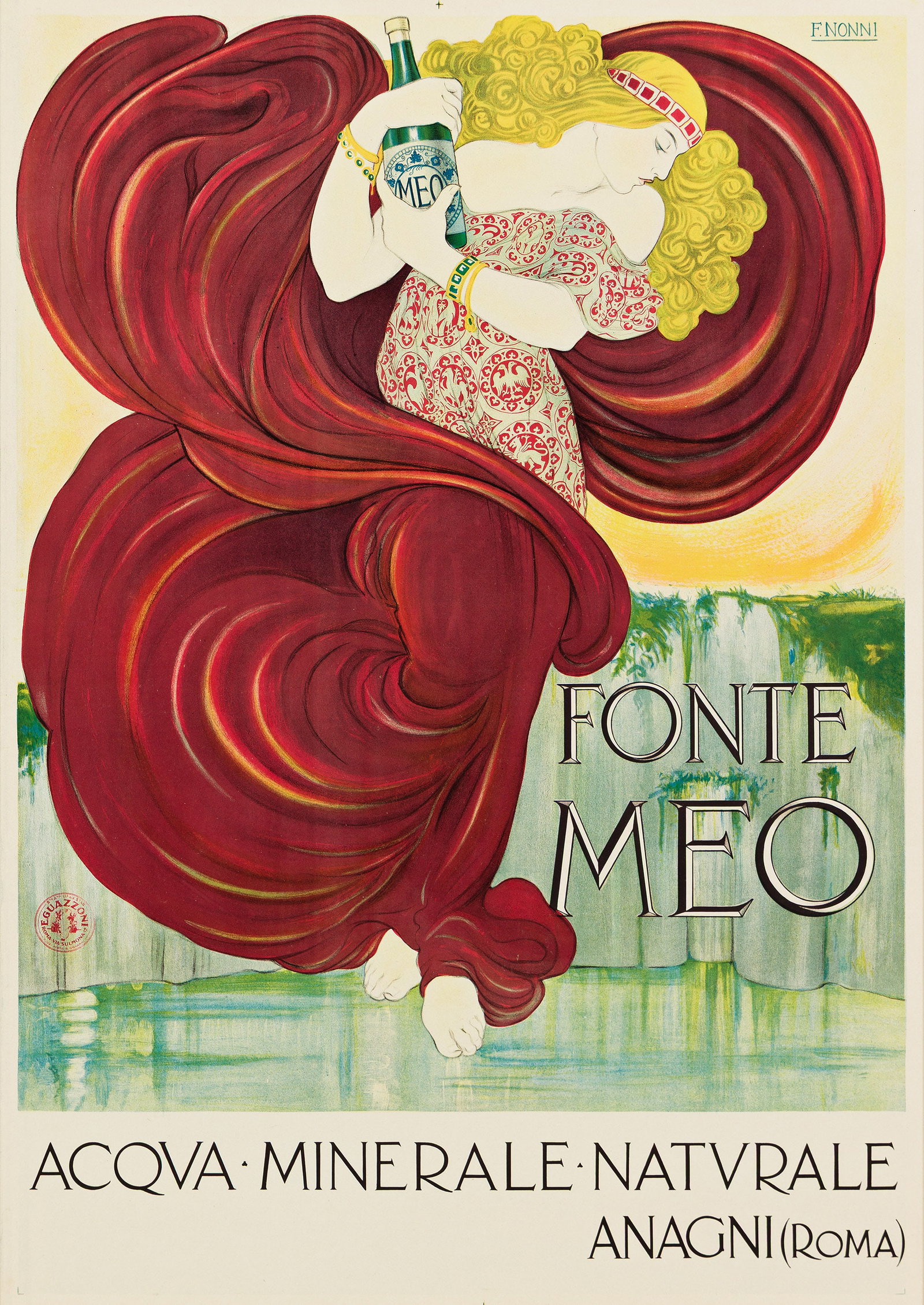 Francesco Nonni, Fonte Meo. 1924.: Francesco Nonni 1885-1964 Fonte Meo. 1924. Condition A. Framed.Seemingly walking on water, an elegant woman with voluminous red hair and an equally dramatic robe cradles a bottle of mineral water. Alt