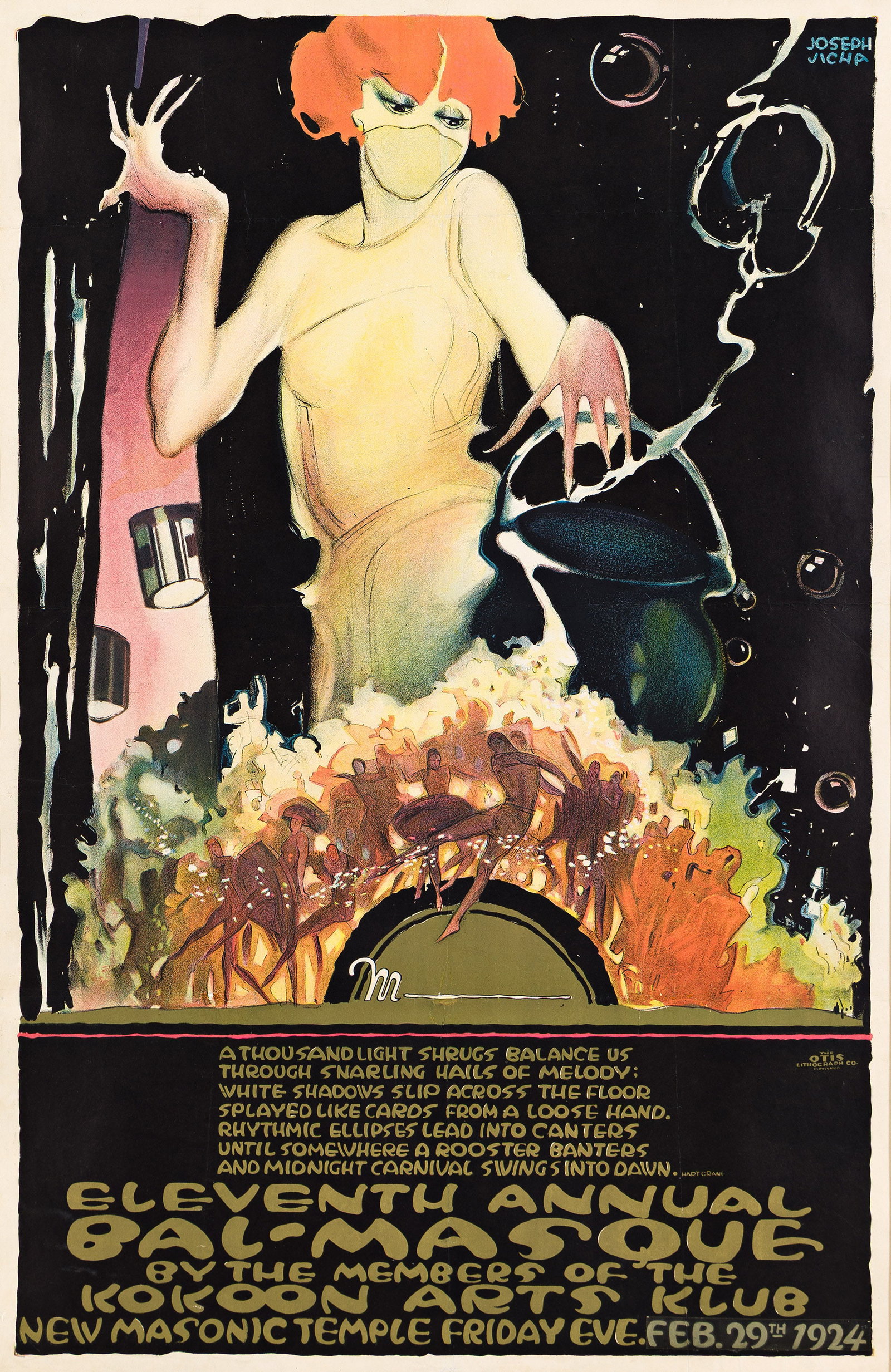 Joseph Jicha, Eleventh Annual Bal - Masque / Kokoon Art Club. 1924.: Joseph Jicha 1901-1960 Eleventh Annual Bal - Masque / Kokoon Art Club. 1924. Condition B+: repaired tears, small replaced losses, creases and abrasions in margins and along vertical and horizontal fol