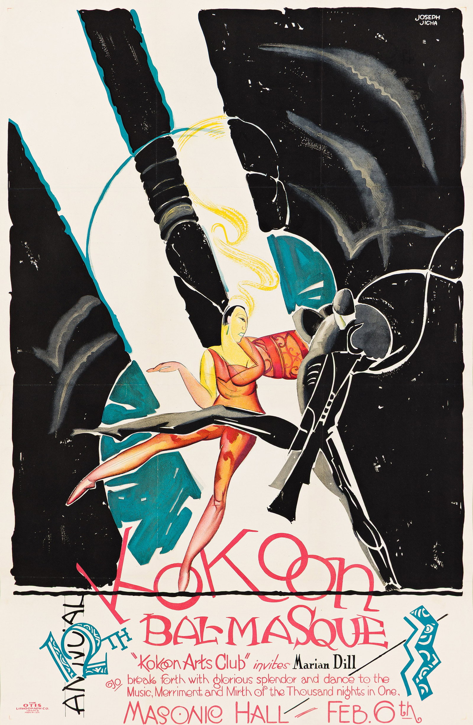Joseph Jicha, 12th Annual Kokoon Bal - Masque. 1925.: Joseph Jicha 1901-1960 12th Annual Kokoon Bal - Masque. 1925. Condition B+: repaired tears, creases, abrasions and restoration along vertical and horizontal folds; invitee's name handwritten in black 