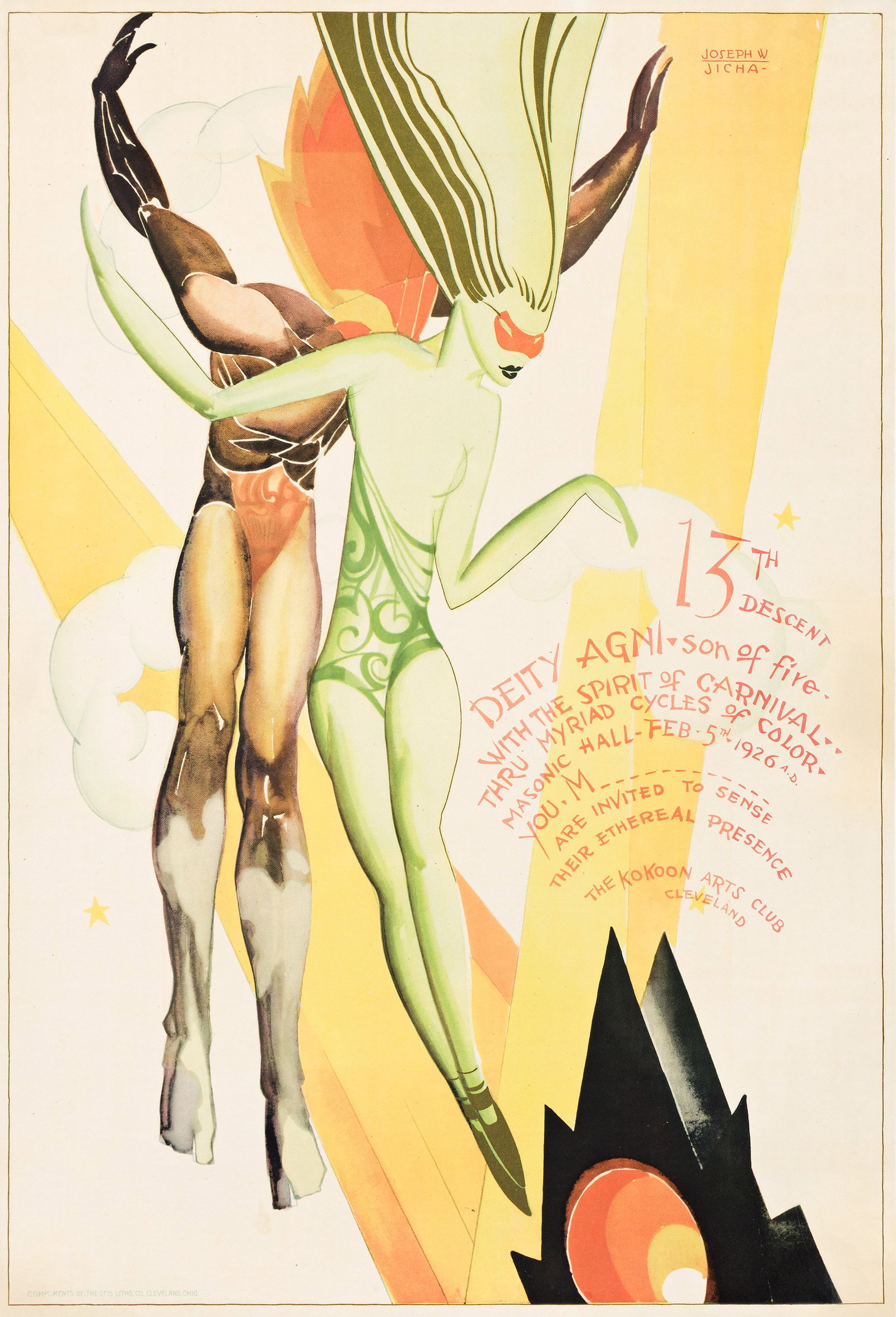 Joseph Jicha, The Kokoon Arts Klub / 13th Descent. 1926.: Joseph Jicha 1901-1960 The Kokoon Arts Klub / 13th Descent. 1926. Condition A-: minor restoration and small repaired tears at edges. Matted and framed.This decadent American Art Deco image provides a 