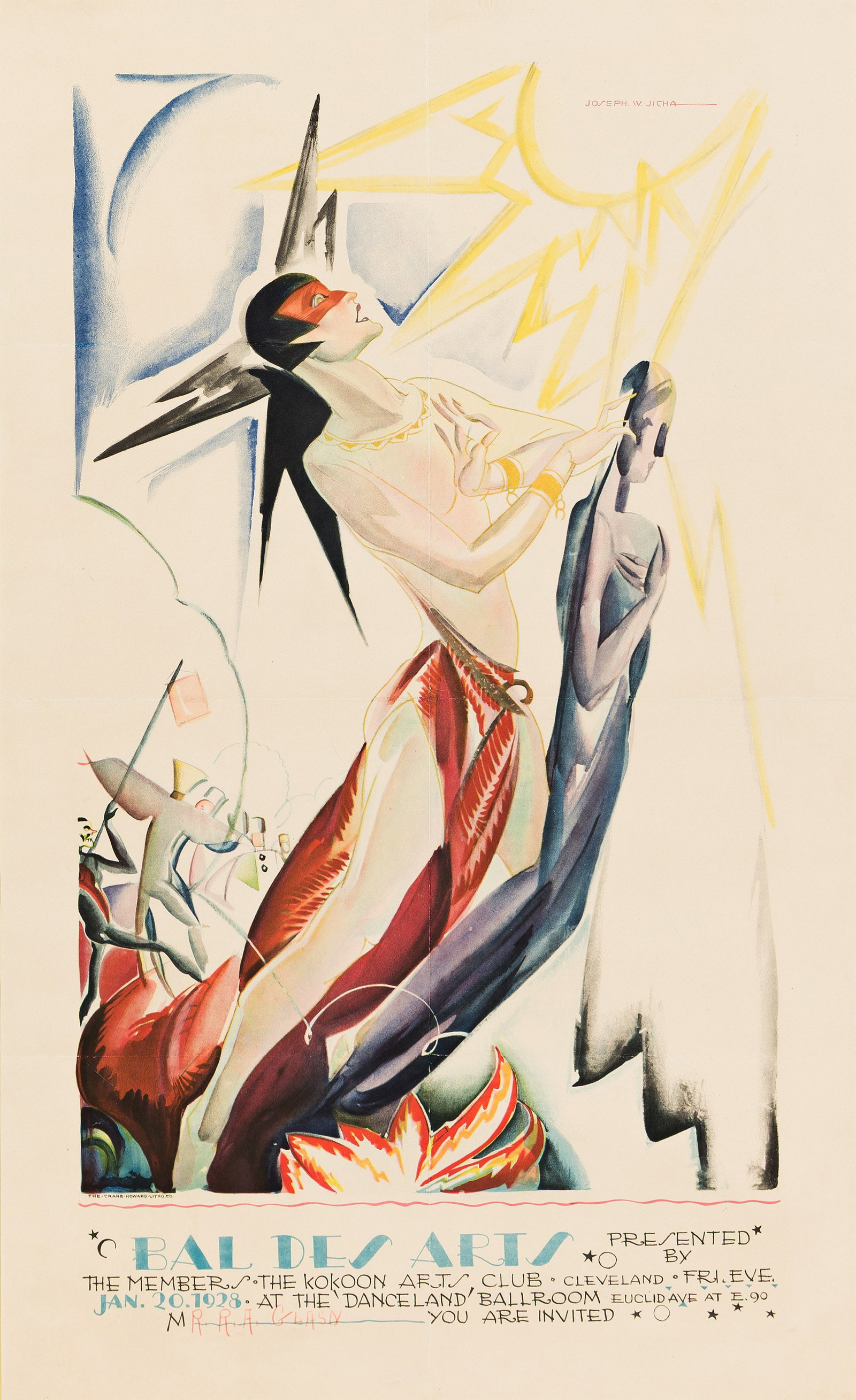 Joseph Jicha, Bal des Arts / Kokoon Arts Klub. 1928.: Joseph Jicha 1901-1960 Bal des Arts / Kokoon Arts Klub. 1928. Condition A-: minor abrasions and restoration along vertical and horizontal folds; invitee's name handwritten in red pencil. Matted and fr
