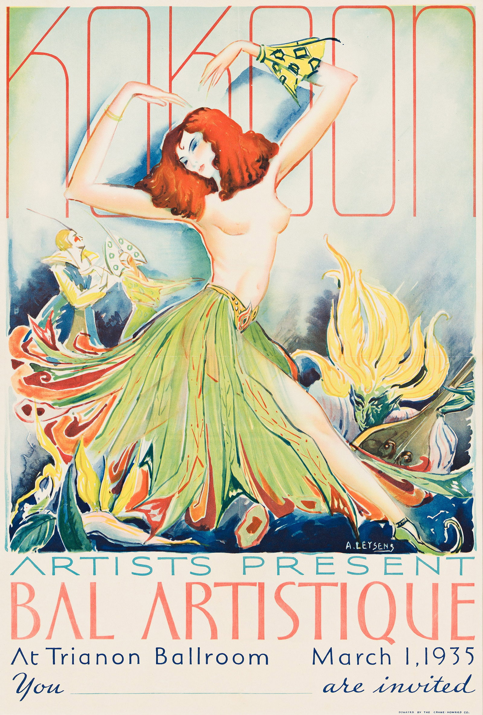 Auguste Leysens, Kokoon Artists Present Bal Artistique. 1935.: Auguste Leysens 1888-1946 Kokoon Artists Present Bal Artistique. 1935. Condition A-: minor abrasions in image and along vertical and horizontal folds; invitee's name at bottom painted over. Matted and