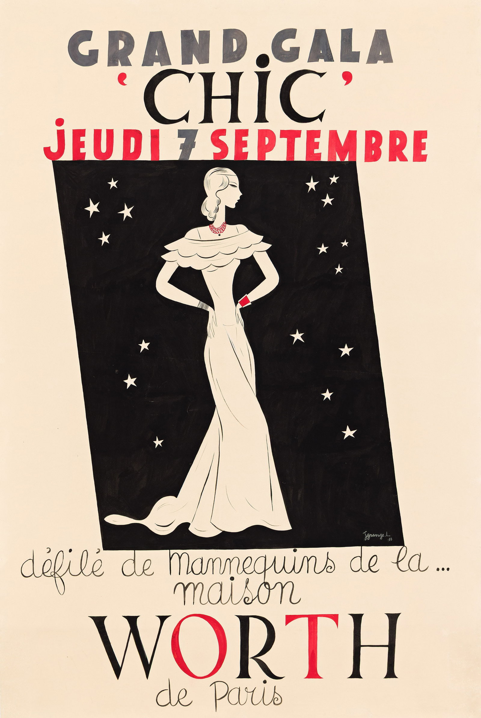 Jacques Grange Leautey, Grand Gala 'Chic' Worth. Gouache maquette. 1933.: Jacques Grange Leautey 1909-1996 Grand Gala 'Chic' Worth. Gouache maquette. 1933. Condition B+: repaired tears, abrasions and repaired pin holes at edges and in corners; pencil, gouache and ink on pap