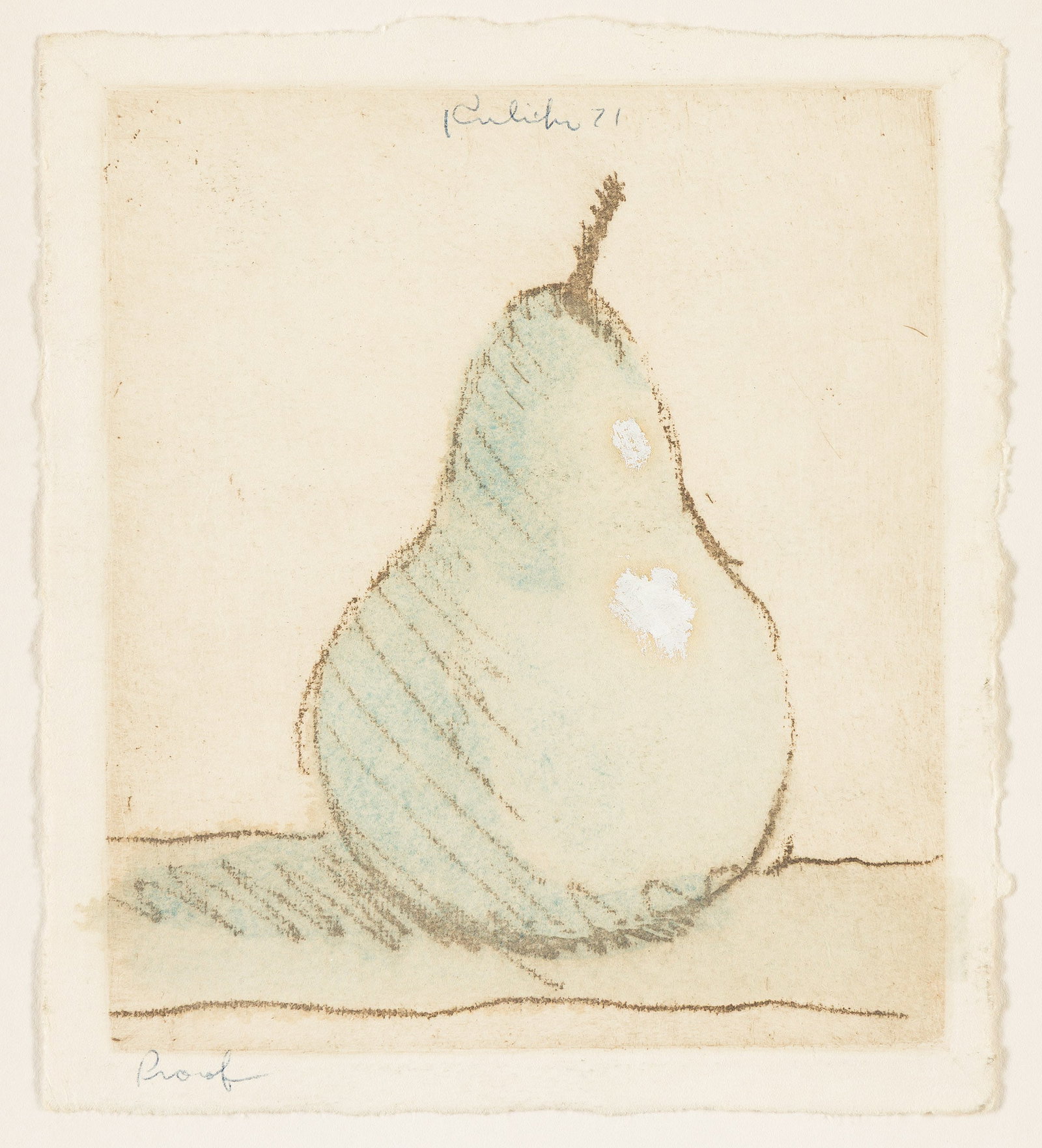 Robert Kulicke (1924-2007), Untitled (Pear), 1971.: Robert Kulicke (1924-2007) Untitled (Pear). Etching with hand coloring, 1971. Signed and dated in blue ink, upper center. Inscribed "Proof" in blue ink, lower left. Plate: 5 1/2 x 4 3/4 in. (14 x 12.1
