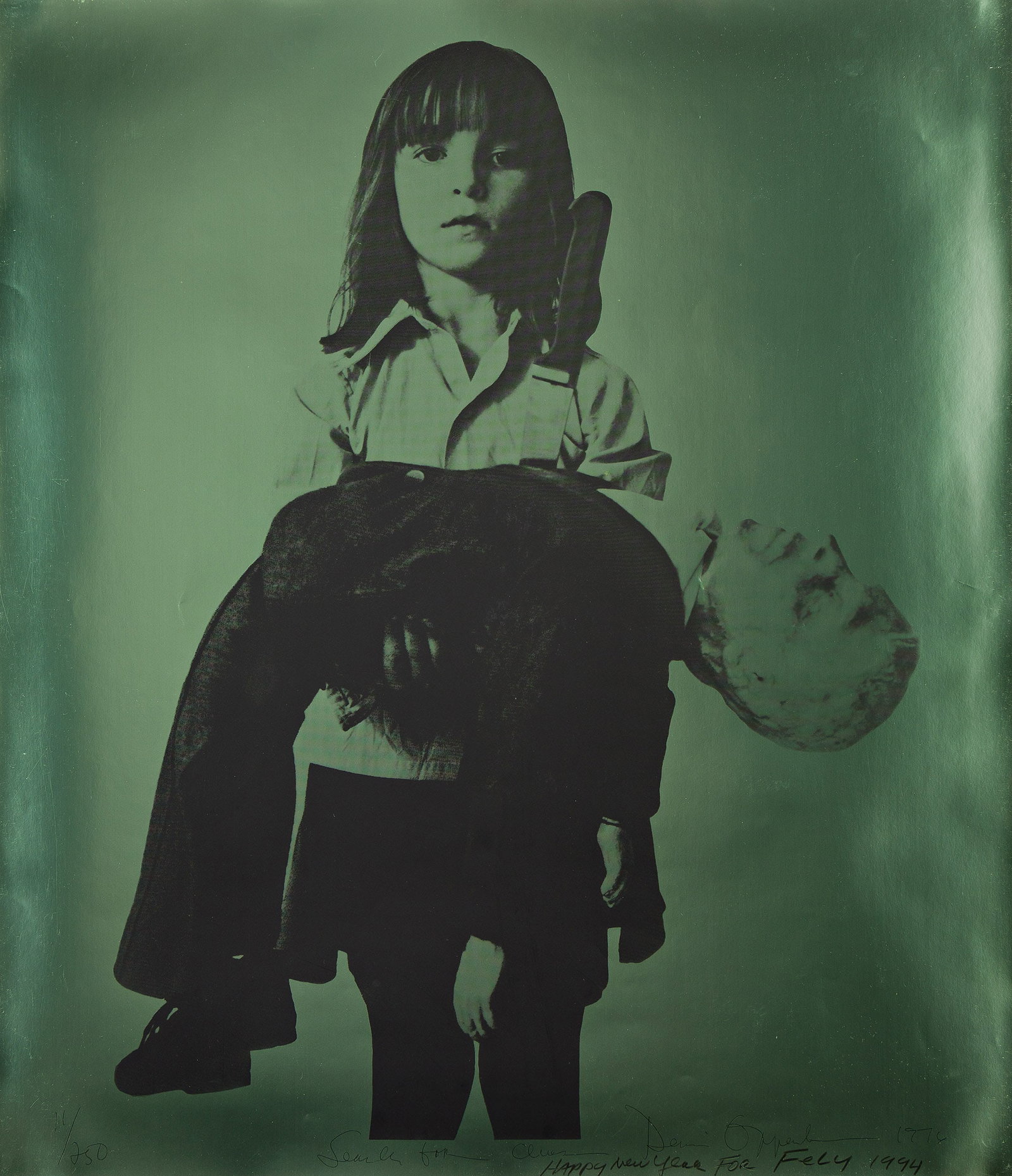 Dennis Oppenheim (1938-2011), Search for Clues, 1975-76.: Dennis Oppenheim (1938-2011) Search for Clues. Screenprint on pale green foiled paper, 1975-76. Signed, titled, dated and numbered 11/250 in ink, lower margin. Inscribed "Happy New Year For Fely 1994"
