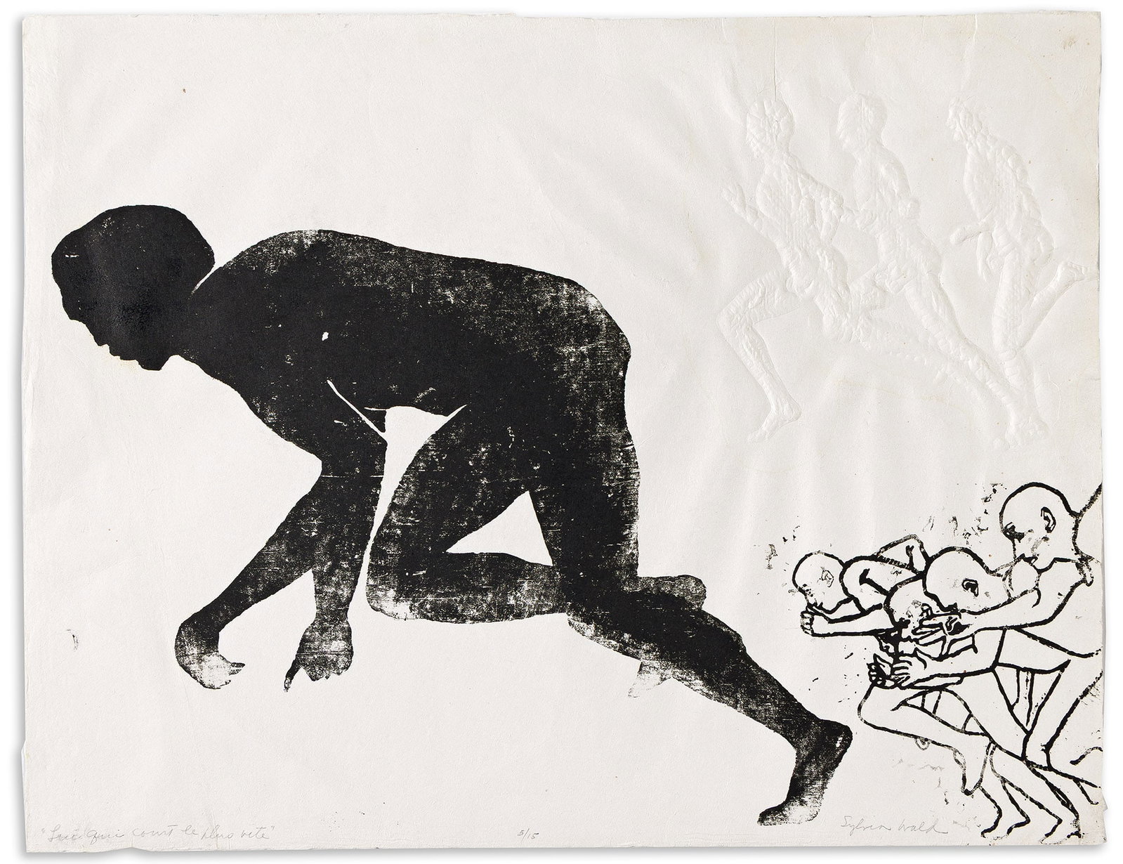 Sylvia Wald (1915-2011), Lui qui court le plus vite, circa 1960.: Sylvia Wald (1915-2011) Lui qui court le plus vite. Woodcut and embossing on handmade paper, circa 1960. Signed, titled and numbered 5/15 in pencil, lower margin. Sheet: 20 1/2 x 26 1/2 in. (52.1 x 67