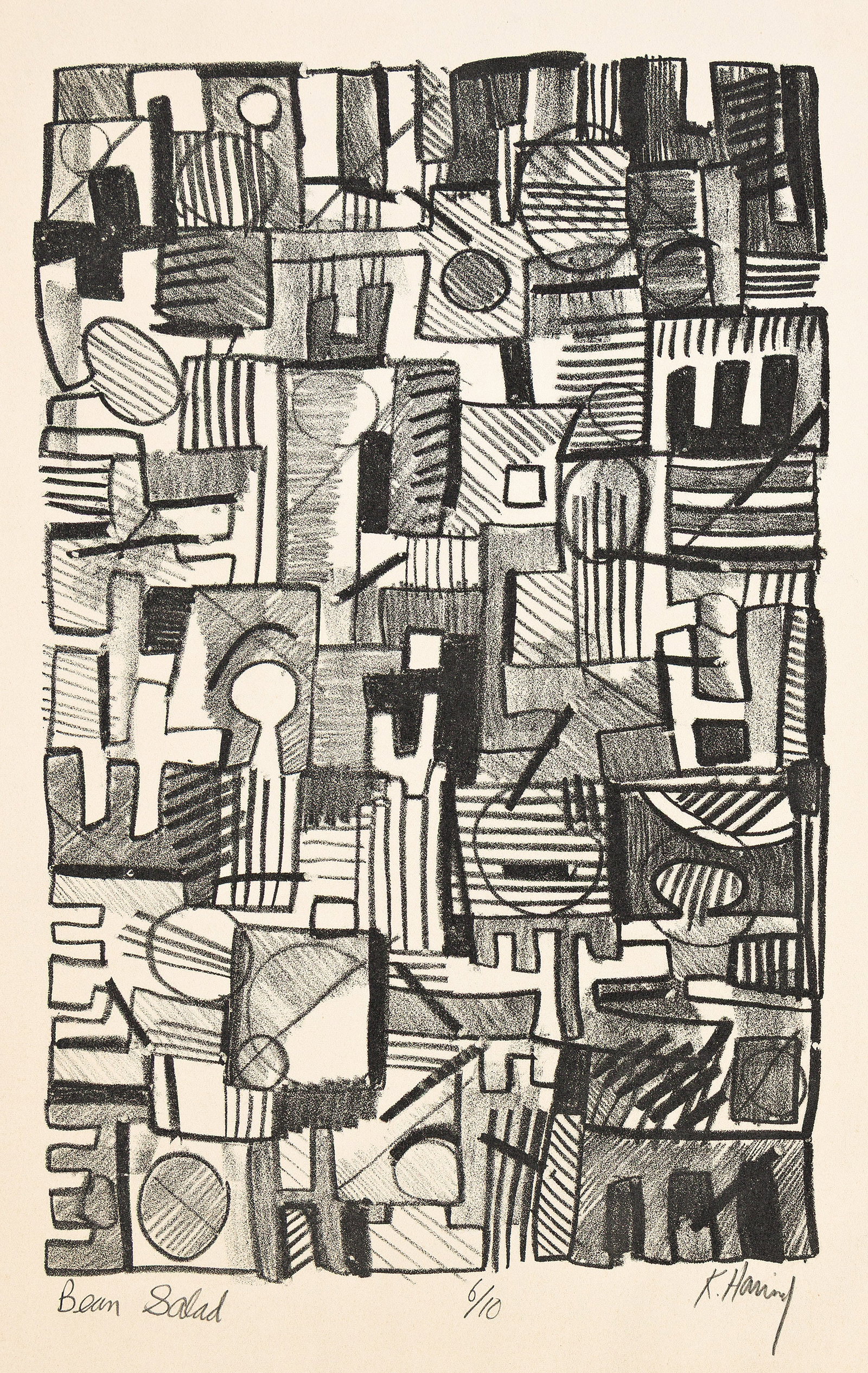 Keith Haring (1958-1990), Bean Salad, 1977.: Keith Haring (1958-1990) Bean Salad. Lithograph, 1977. Signed, titled and numbered 6/10 in pencil, lower margin. We have found only one other impression at auction in the past 30 years. Image: 1