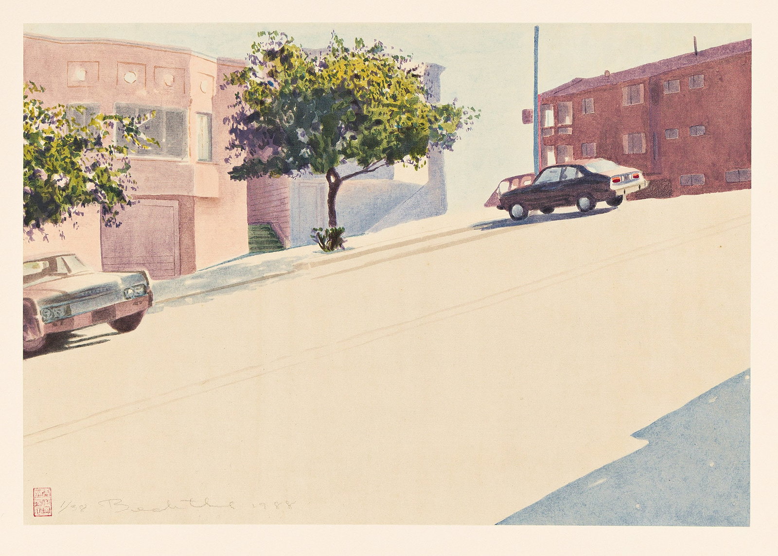 Robert Bechtle (1932-2020), Potrero Houses - Pennsylvania Avenue, 1988.: Robert Bechtle (1932-2020) Potrero Houses - Pennsylvania Avenue. Color woodcut on silk mounted to rag paper, 1988. Signed, dated and numbered 1/38 in pencil, lower left within the image. Printed by Su