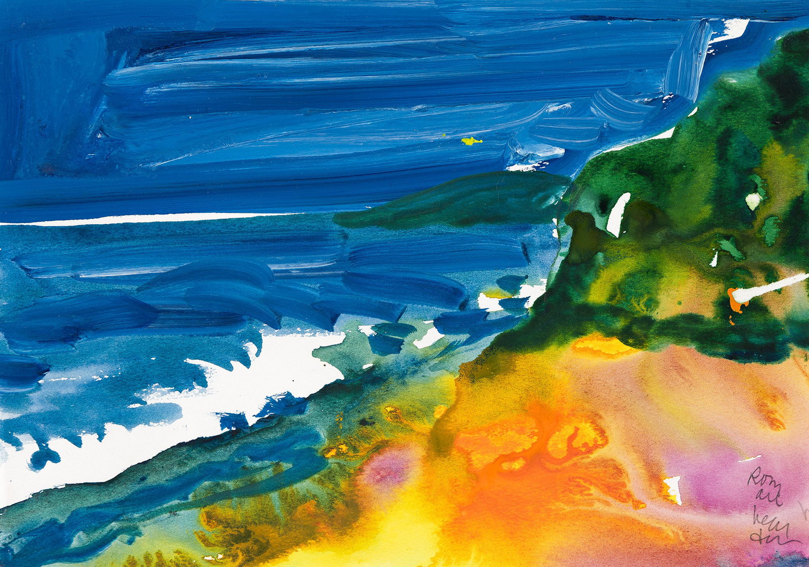 Romare Bearden (1911-1988), Off Dog Island, circa 1982.: Romare Bearden (1911-1988) Off Dog Island. Acrylic and watercolor on wove paper, circa 1982. Signed in pencil, lower right. Titled in pencil and ink, verso. 9 1/4 x 13 3/8 in. (23.5 x 34 cm.) Frame: