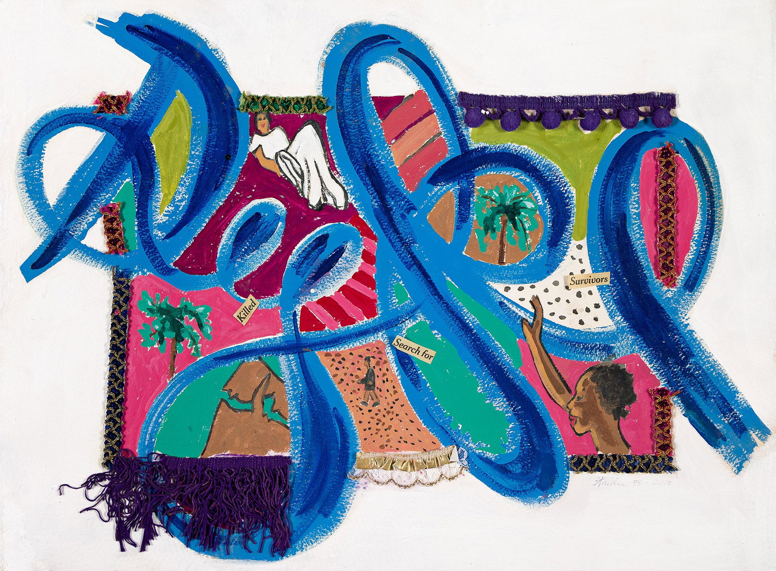 Marjorie Strider (1931-2014), Untitled, 1995-2010.: Marjorie Strider (1931-2014) Untitled. Acrylic, oil and collage with ribbon, trim, and sequins on thick wove paper, 1995-2010. Signed and dated in ballpoint pen, lower right. 22 1/4 x 30 in. (56.3 x 7