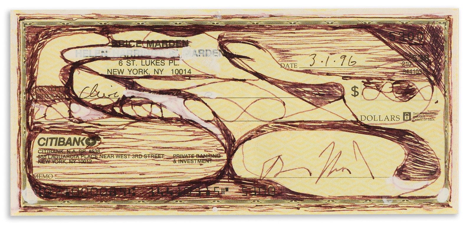 Brice Marden (1938-2023), Untitled (Bank Check), 1996.: Brice Marden (1938-2023) Untitled (Bank Check). Ink and synthetic polymer paint on a bank check, 1996. Signed and dated in ink, upper and lower right. 2 3/4 x 6 in. (7 x 15.2 cm.) Frame: 8 1/4 x 11