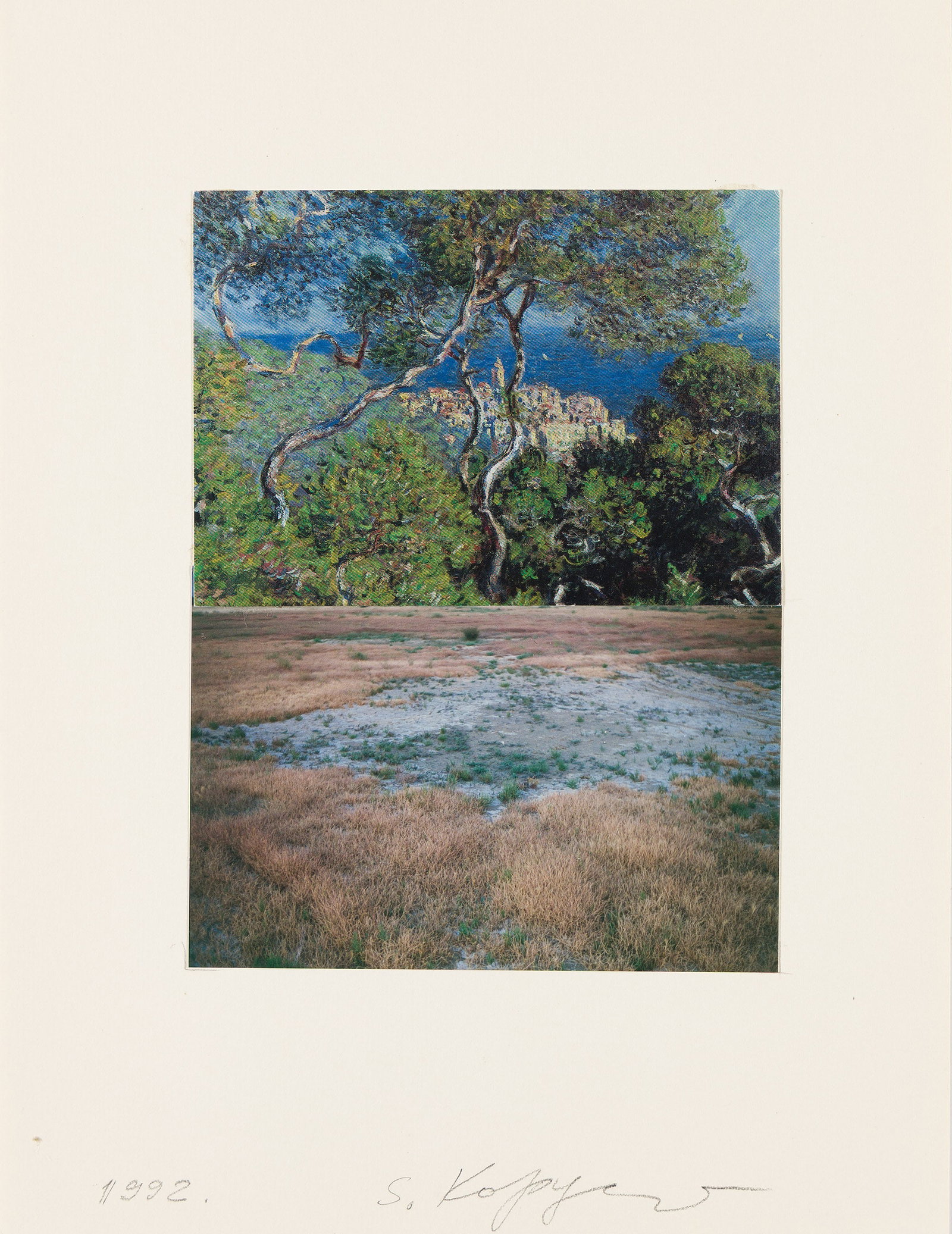 Svetlana Kopystiansky (b. 1950), Untitled (from Shadow of Gravitation), 1992.: Svetlana Kopystiansky (b. 1950) Untitled (from Shadow of Gravitation). Collage with postcard and c-print on cream wove paper, 1992. Signed and dated in pencil, lower edge of the mount. Overall: 12 5/8
