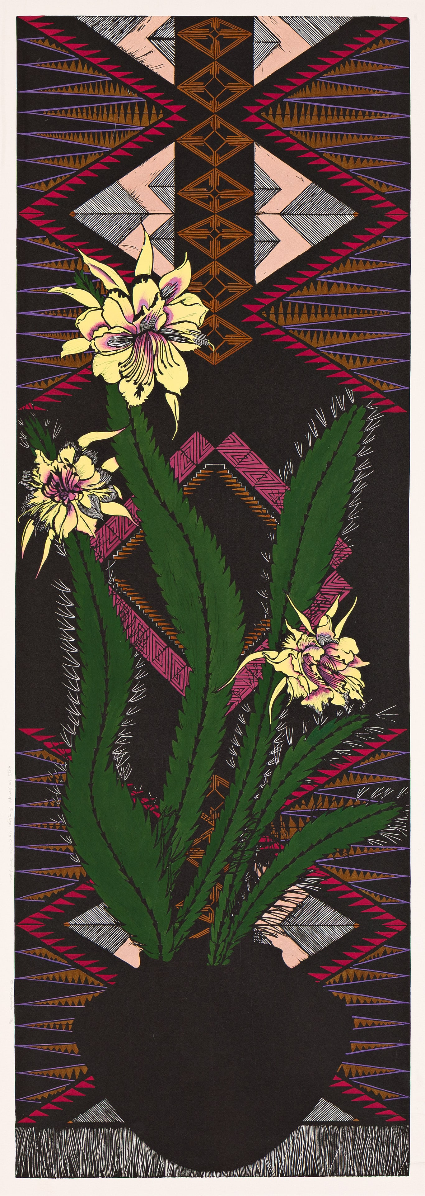 Nefertiti Goodman (b. 1950), Un Serape Sombre, Un Cacto Orchidea, 1986.: Nefertiti Goodman (b. 1950) Un Serape Sombre, Un Cacto Orchidea. Linoleum cut with hand coloring in gouache and watercolor on wove paper, 1986. Signed, titled, dated and numbered 11/125 in pencil, lef