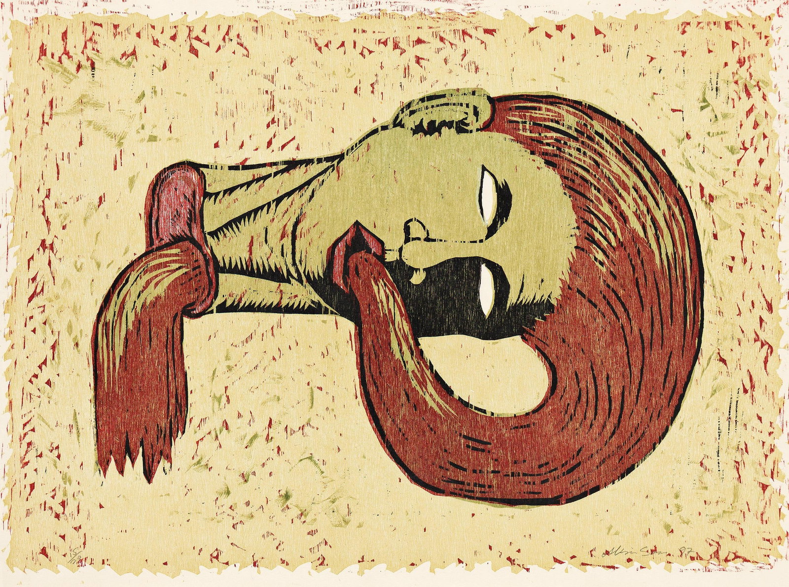 Alison Saar (b. 1956), Conked, 1997.: Alison Saar (b. 1956) Conked. Color woodcut on Japanese handmade paper, 1997. Signed, dated and numbered 15/20 in pencil, lower margin. Published by Diane Villani Editions, New York. Sheet: 22 1/2 x 3