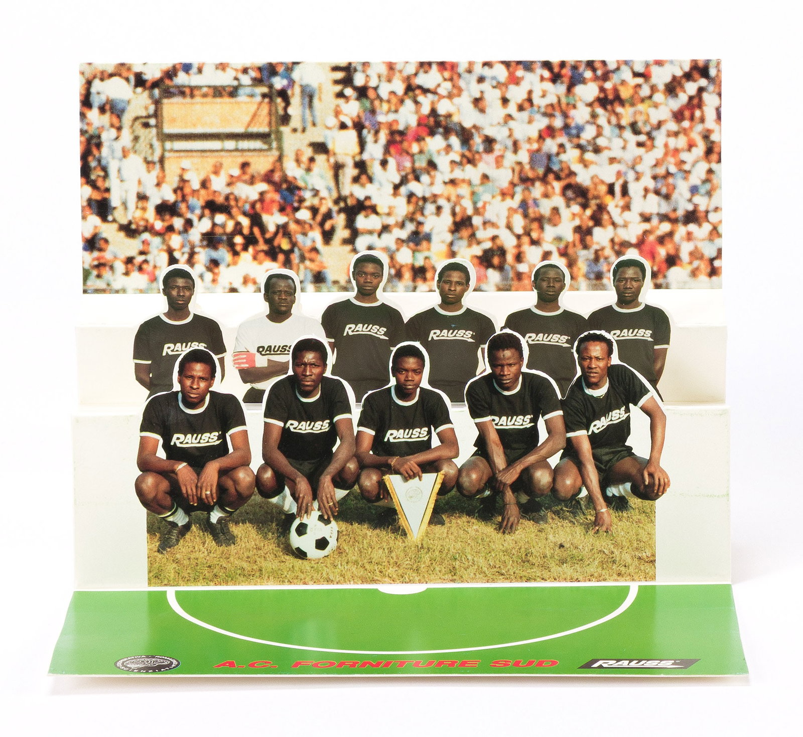 Maurizio Cattelan (b. 1960), A. C. Forniture Sud (Torneo liberi e forti), 1990-91.: Maurizio Cattelan (b. 1960) A. C. Forniture Sud (Torneo liberi e forti). Color offset lithograph on pop-up card, 1990-91. Edition of 1000. Signed in ink, verso. Published by Edizioni Essegi, Ravenna, 