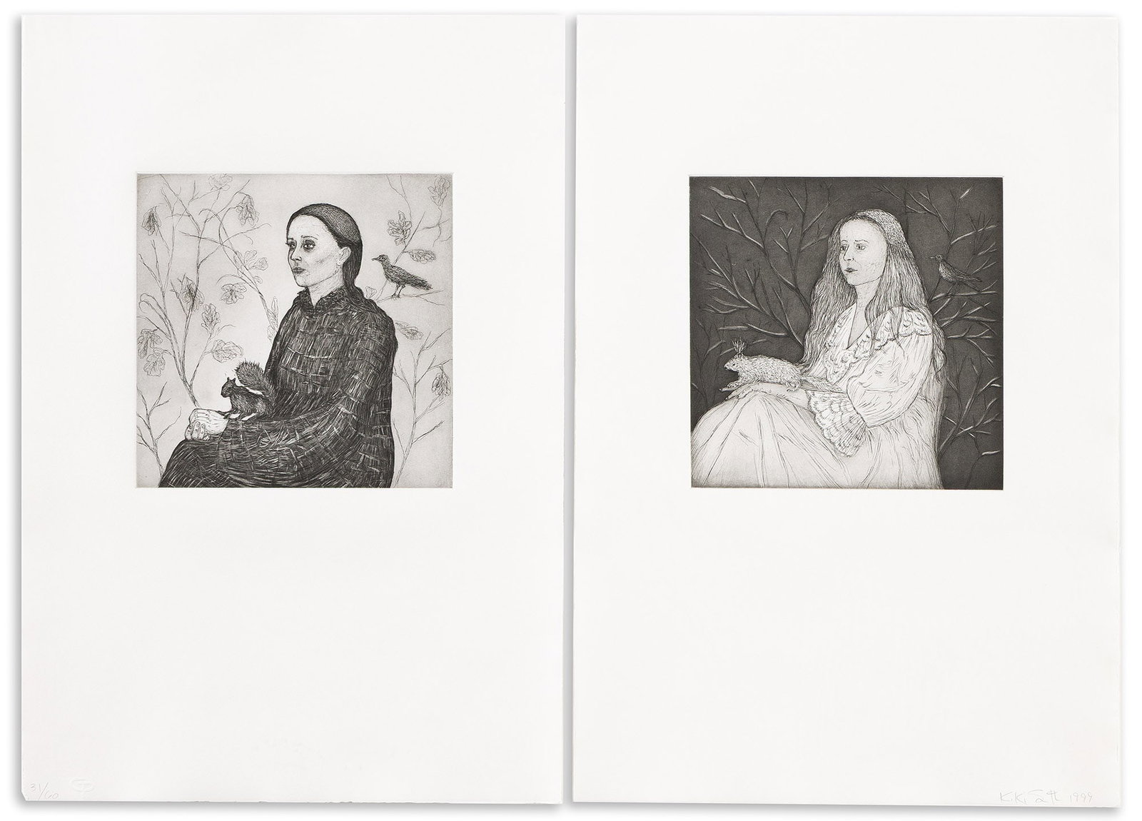 Kiki Smith (b. 1954), Fall/Winter, 1999.: Kiki Smith (b. 1954) Fall/Winter. Diptych of photogravure, aquatint, etching and drypoint, 1999. Signed, dated and numbered 31/60 in pencil, lower margin. Published by Rutgers Center for Innovative Pr