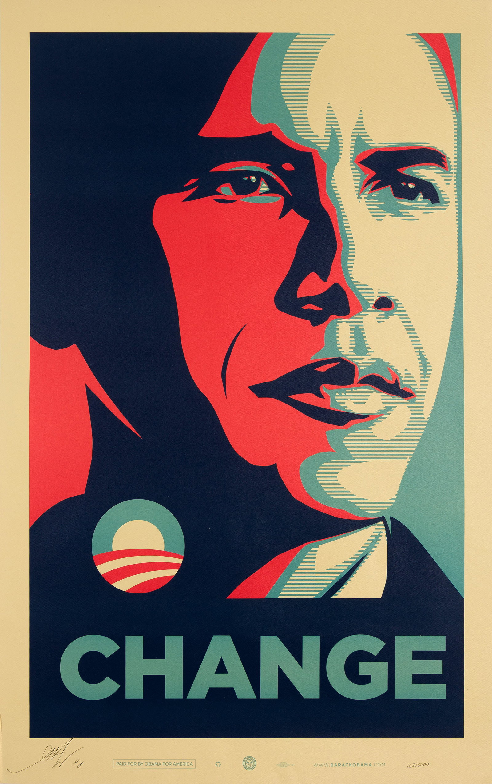Shepard Fairey (b. 1970), CHANGE, 2008.: Shepard Fairey (b. 1970) CHANGE. Color offset lithograph on beige wove paper, 2008. Edition of 200 signed impressions from a total edition of 5000. Signed, dated and numbered 165/5000 in pencil, lower