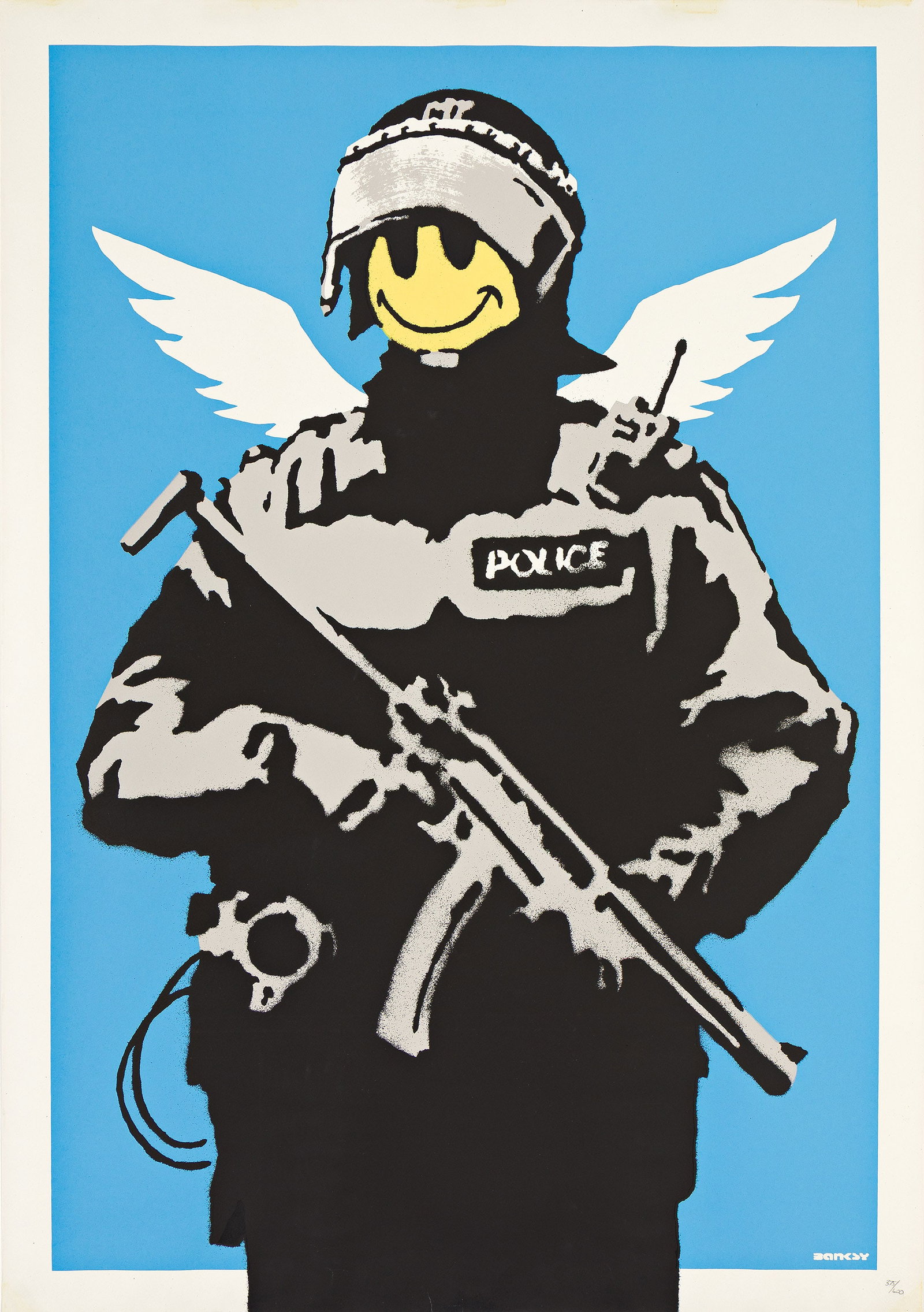 Banksy (b. 1974), Flying Copper, 2004.: Banksy (b. 1974) Flying Copper. Color screenprint on cream wove paper, 2004. Numbered 375/600 in pencil, lower right. Published by Pictures on Walls, London, with their blindstamp lower right. Sheet: 