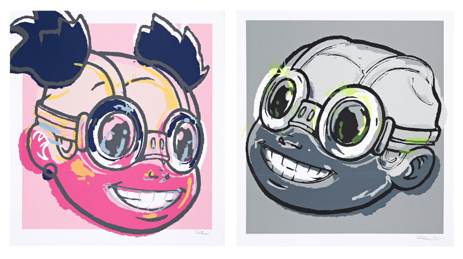 Hebru Brantley (b. 1981), Two FLYBOY color screenprints, 2019-20.: Hebru Brantley (b. 1981) Two FLYBOY color screenprints. i) SMILE, 2019. Artist's proof, aside from the variable edition of 25. Signed and inscribed "AP" in pencil, lower right. Published by Vertical G