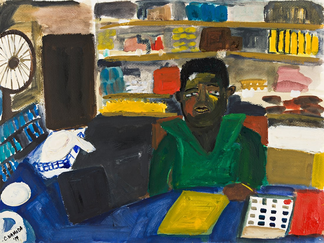 Cassi Namoda (b. 1988), Ashik from Lugela, 2017.: Cassi Namoda (b. 1988) Ashik from Lugela. Watercolor on paper, 2017. Signed and dated in felt-tip marker, lower left. 18 x 23 7/8 in. (45.6 x 60.7 cm.) Frame: 24 1/2 x 29 in. (62.2 x 73.7 cm.)