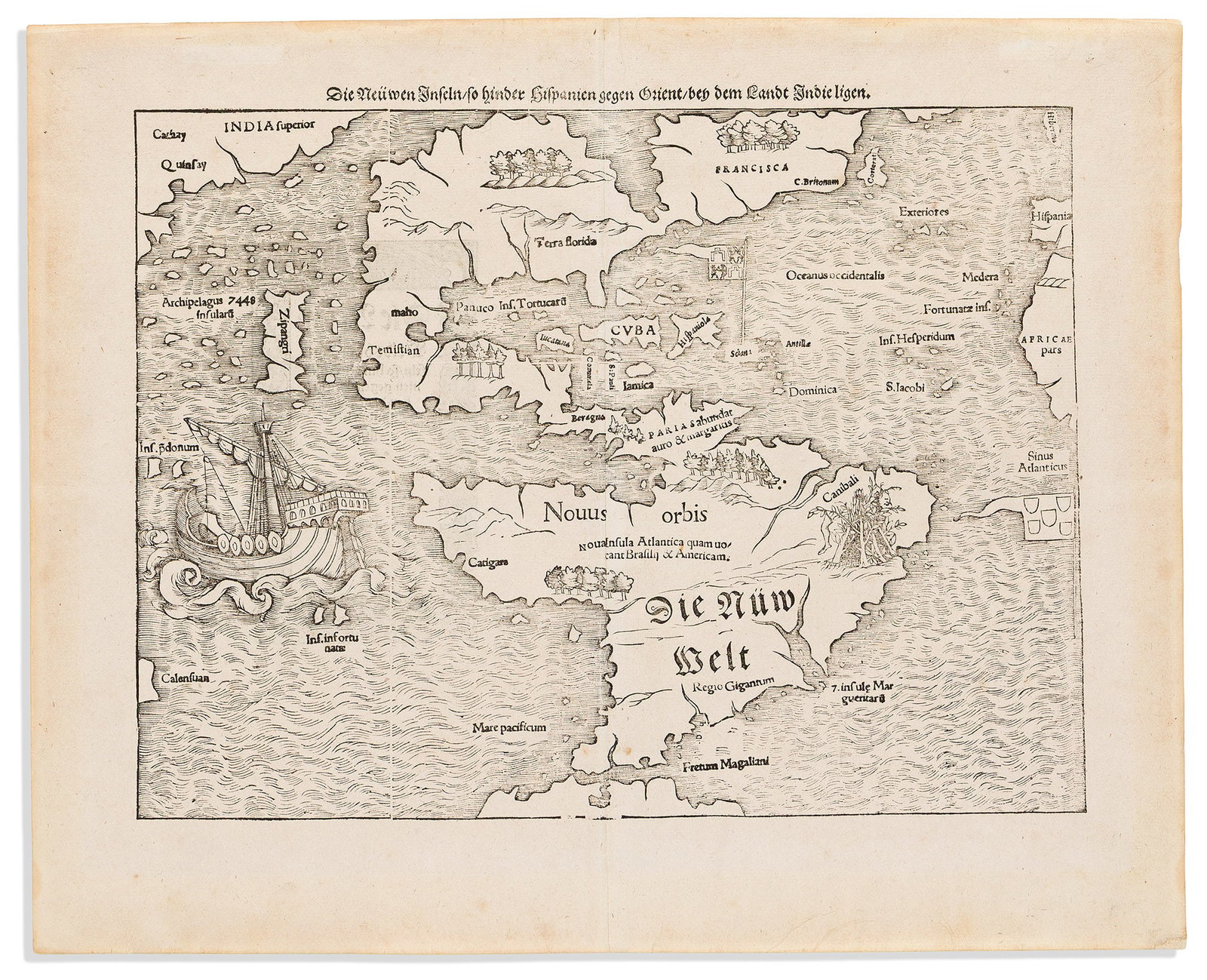 (AMERICAS.) Sebastian Münster. Die Neuwen Inseln / So Hinder Hispanien Gegen Orient Bey Dem: (AMERICAS.) Sebastian Münster. Die Neuwen Inseln / So Hinder Hispanien Gegen Orient Bey Dem Land Indie Ligen. Basel, 1572 Double-page woodcut map of the western hemisphere with a large sailing ve