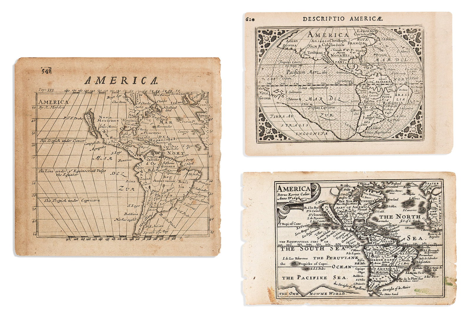 (AMERICAS.) Group of 3 miniature seventeenth-century engraved maps of the western hemisphere. Vp, vd (1 of 1)