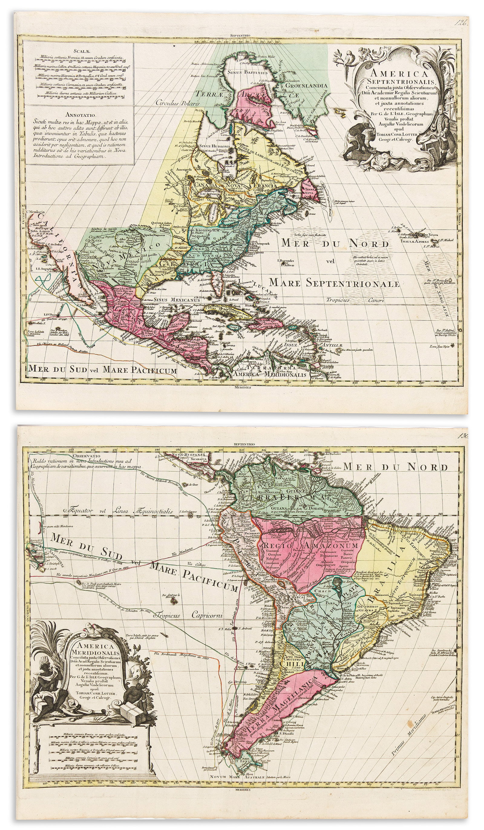 (AMERICAS.) Tobias Conrad Lotter; after Guillaume de L'Isle. America Septentrionalis [and] America (1 of 1)