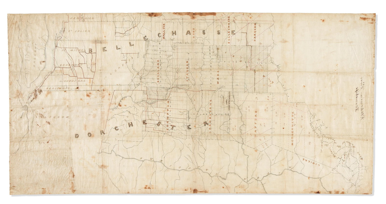 (CANADA.) Group of 5 manuscript land registry surveys detailing the wilderness of Lower Canada (1 of 3)