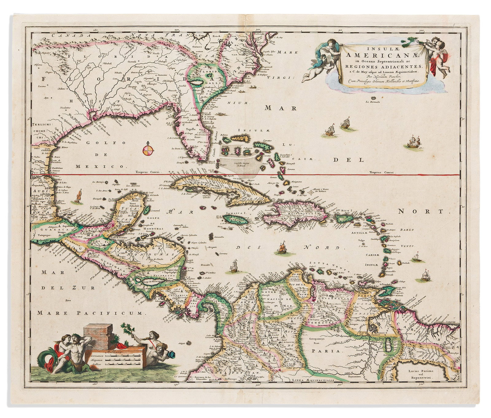 (CARIBBEAN.) Nicolas Visscher. Insulae Americanae in Oceano Septentrionali ac Regiones Adiacentes.: (CARIBBEAN.) Nicolas Visscher. Insulae Americanae in Oceano Septentrionali ac Regiones Adiacentes. Amsterdam, circa 1682 Double-page engraved map of southeast North America, the Gulf of Mexico, Centra