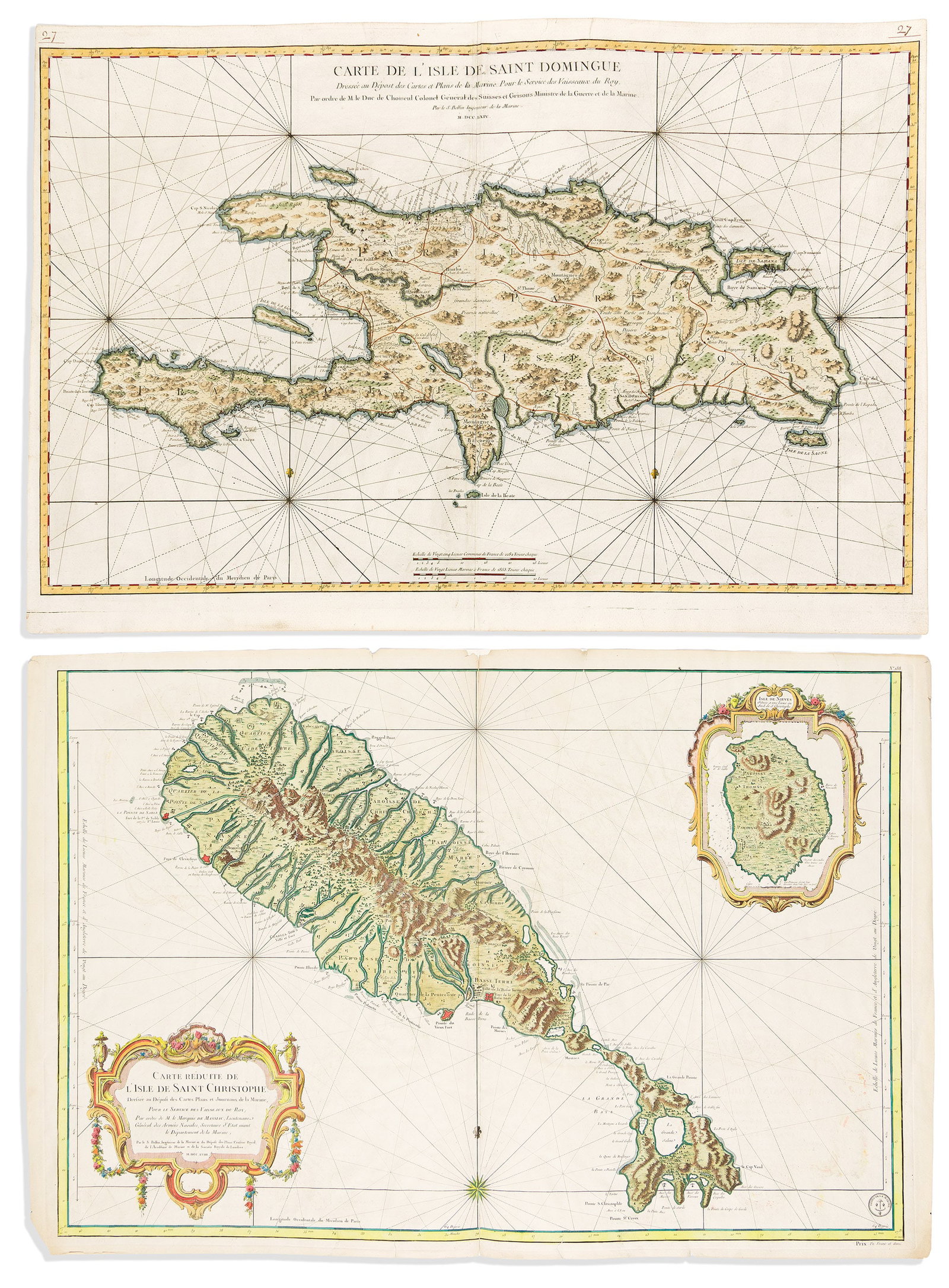 (CARIBBEAN.) Jacques Nicolas Bellin. Group of 4 large double-page engraved charts of Caribbean (1 of 2)