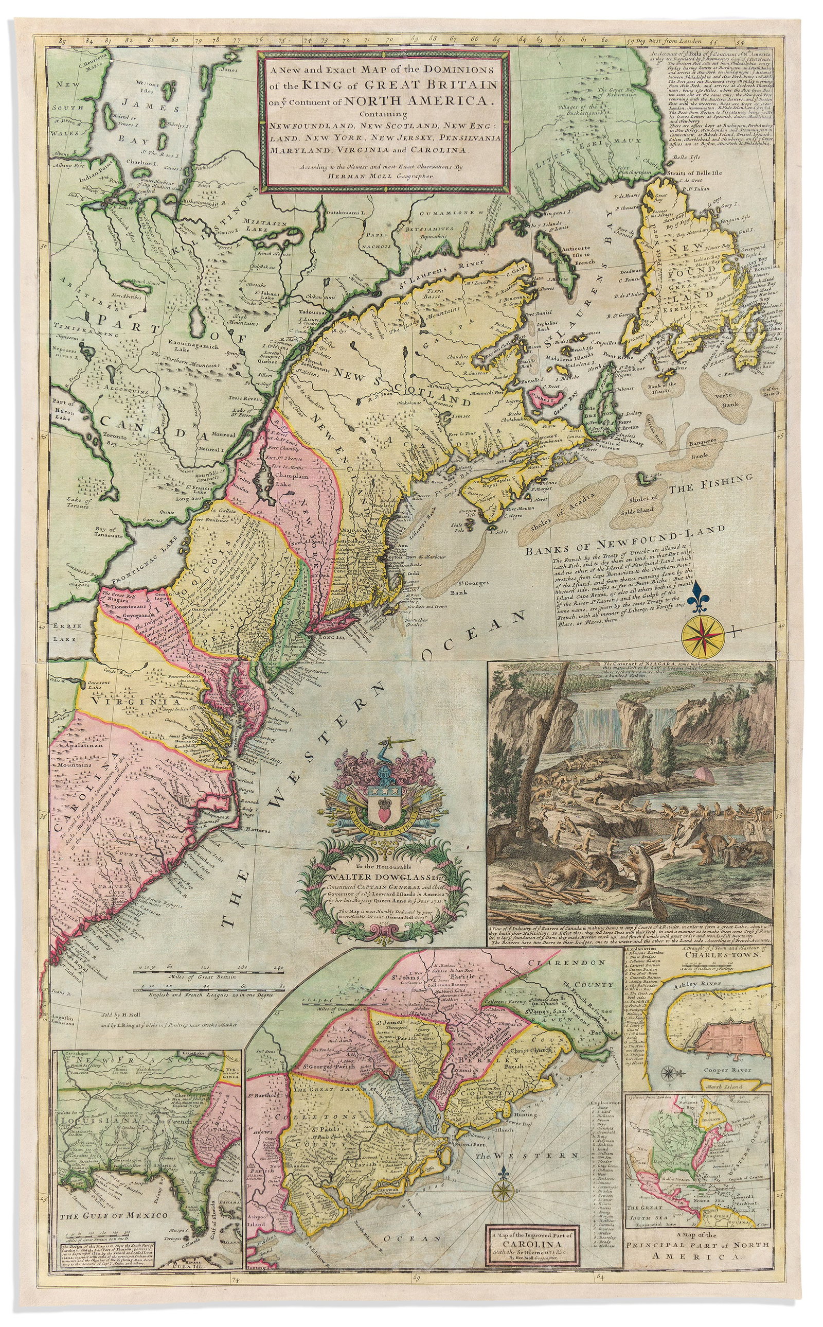 (COLONIAL NORTH AMERICA -- THE BEAVER MAP.) Herman Moll. A New and Exact Map of the Dominions of the (1 of 1)